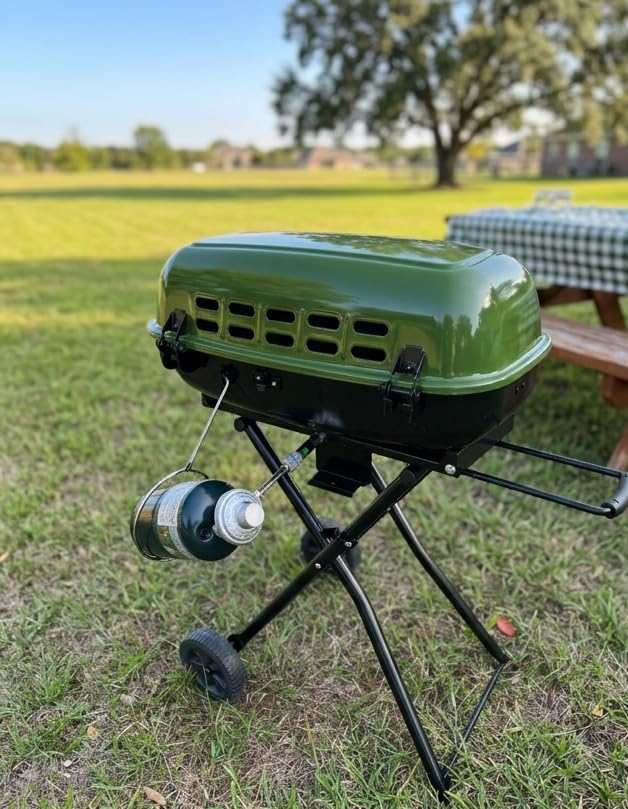Brand-Man Portable Gas Grill, 2-in-1 Propane Camping Grill & Griddle Porcelain-Enameled with Folding Stand-Up Cart, 18,000 BTU 2-Burner Outdoor BBQ for Family Camping, Tailgating and Patio, Green customer photo 1