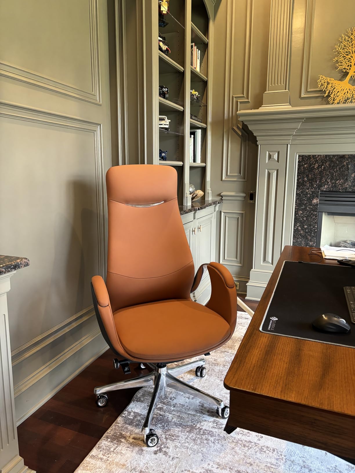 TOMU Top Grain Genuine Leather Executive Office Chair Brown, Luxury Office Chair with Aluminum Sturdy Base, High Back Ergonomic Boss Chair for Long Hours, Reclining and Rolling smoothly, (Brown) customer photo 1