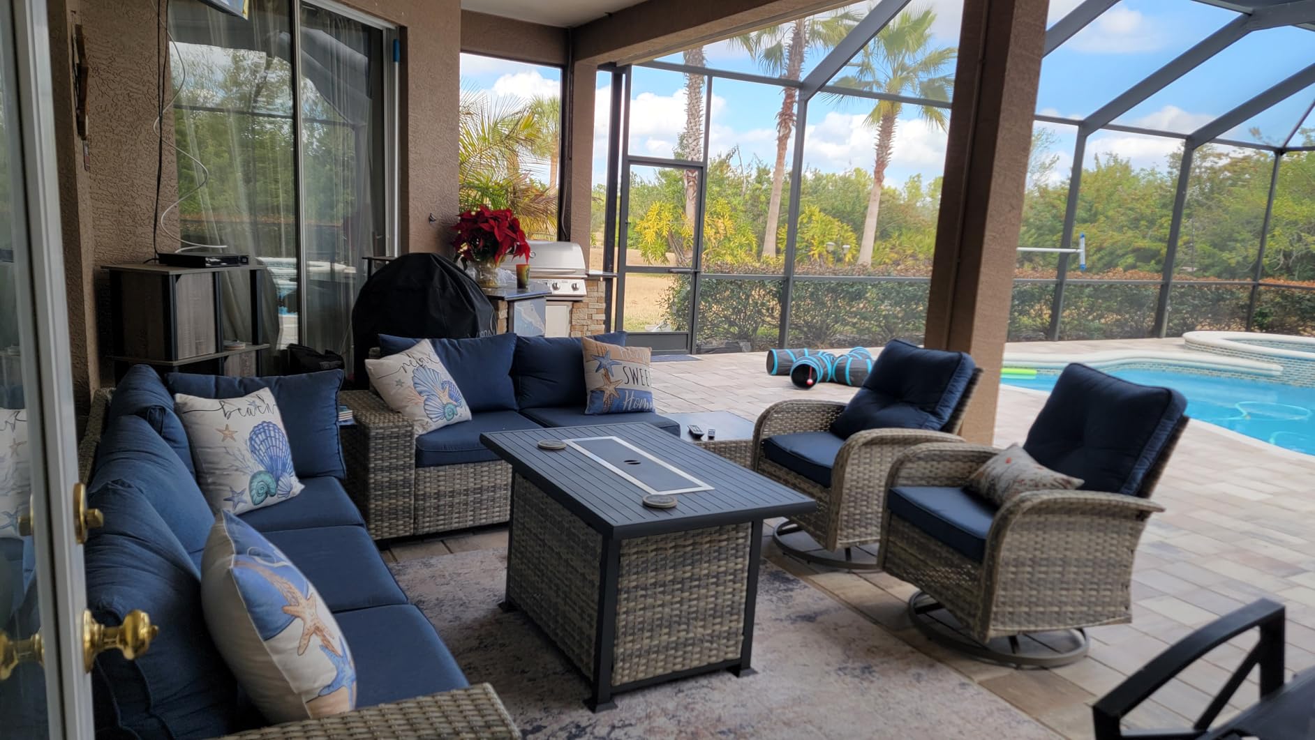 10-Piece Outdoor Patio Furniture Set with Rocking Swivel Chair, PE Wicker Rattan Sectional Sofa Patio Conversation Set with 55,000 BTU Fire Pit Table & Coffee Table, Grey customer photo 2