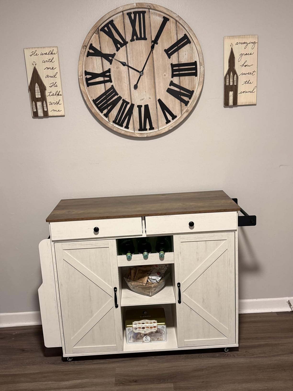 VASAGLE Mobile Kitchen Island with Drop Leaf, Portable Island with Spice Rack, Mobile Cart with Storage Cabinet, Rustic White and Honey Brown UKKI012W01 customer photo 1