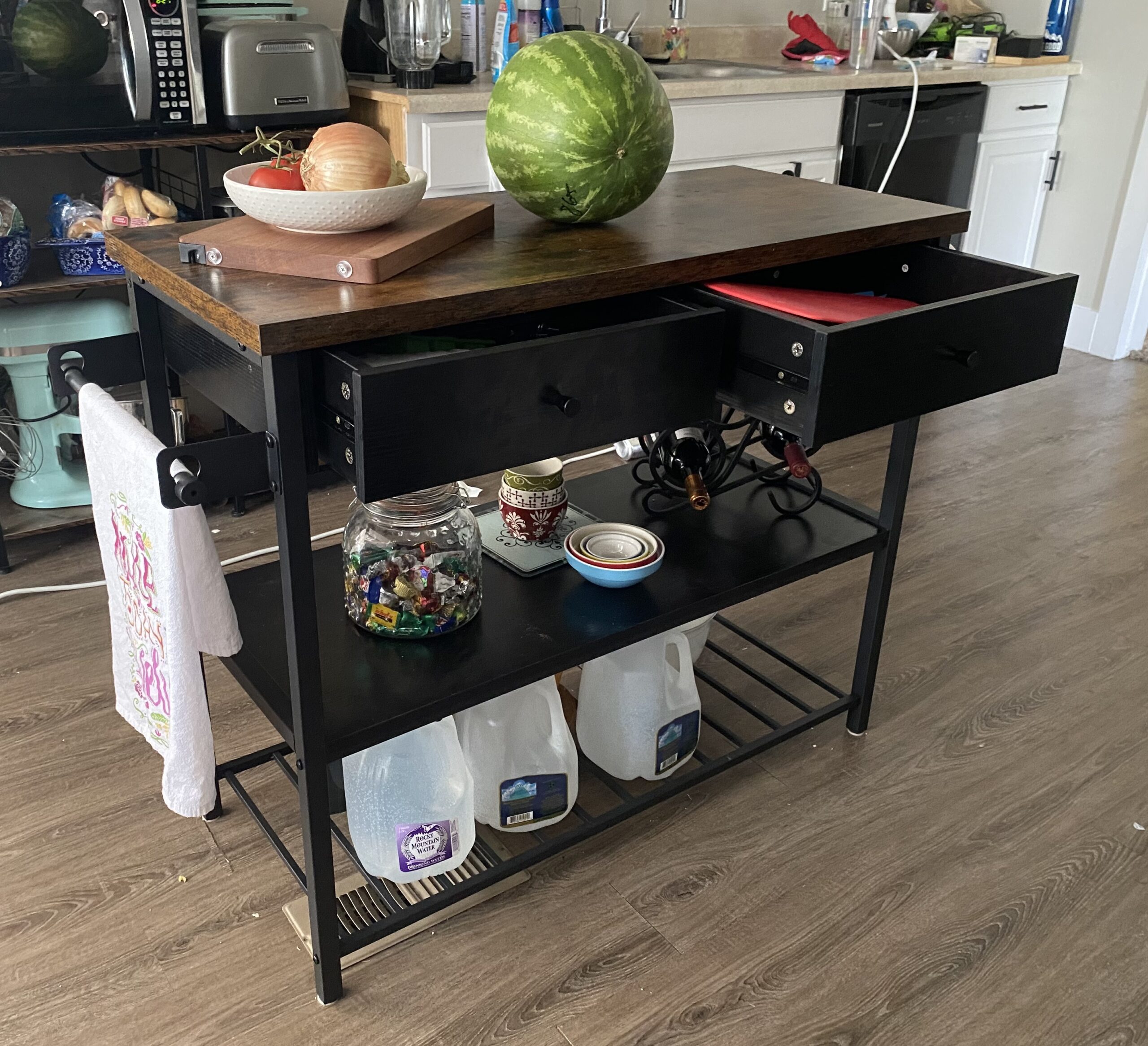 VASAGLE Mobile Kitchen Island with Drop Leaf, Portable Island with Spice Rack, Mobile Cart with Storage Cabinet, Rustic White and Honey Brown UKKI012W01 customer photo 2