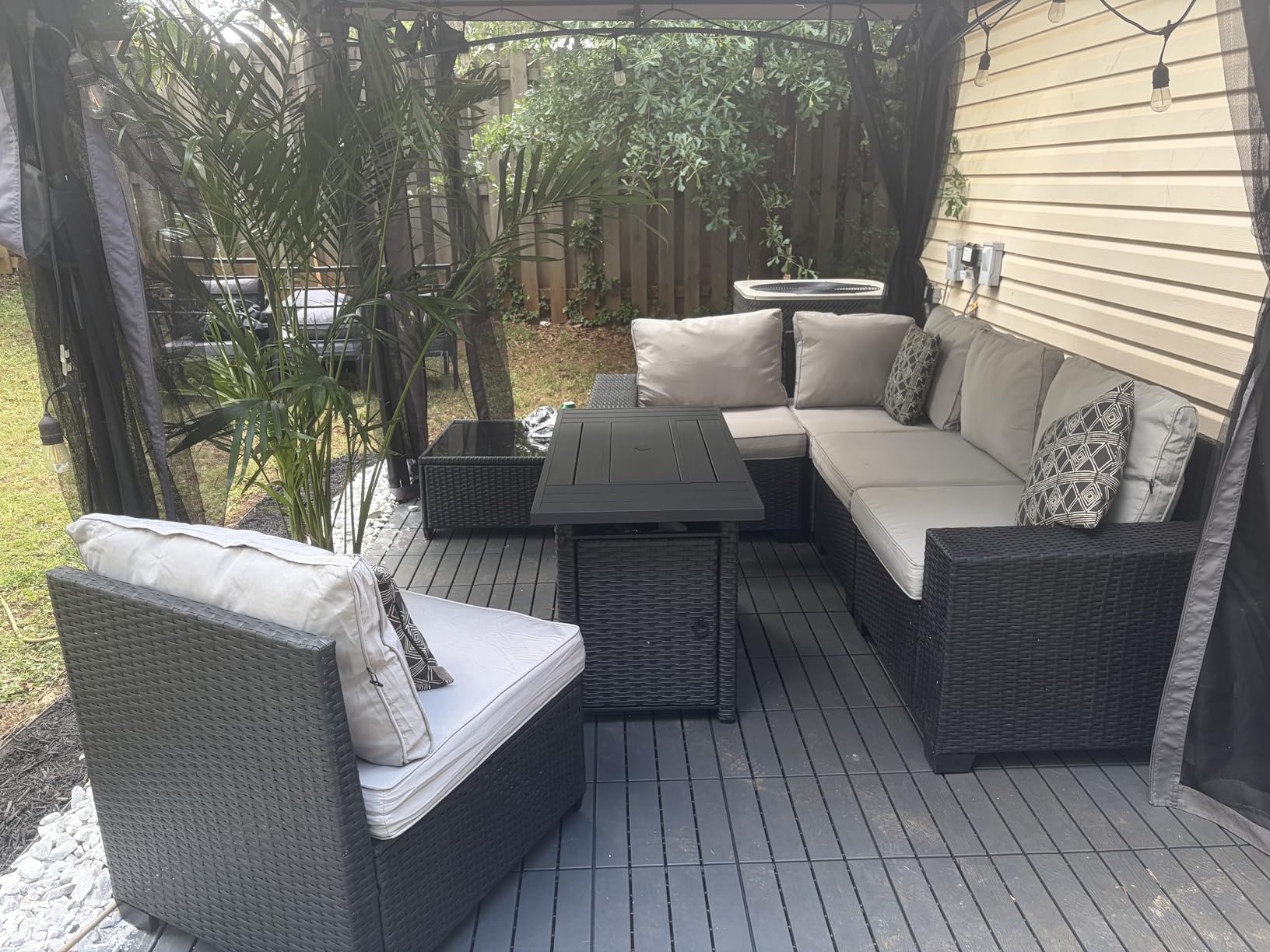 Aoxun Outdoor Patio Furniture Set with 44'' Fire Pit Table, 7 Pcs Outdoor Sectional with 4in Thicken Cushion, Widen Armrests Wicker for Backyard, Grey customer photo 2