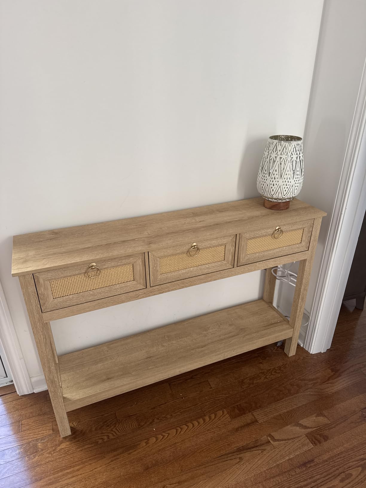 SUPERJARE Rattan Console Sofa Table with Outlets and USB-C Port, 3 Drawer Entryway Table with Synthetic Rattan Surface, Open Shelf, Behind Couch Entry Foyer Hallway Storage, Natural customer photo 1