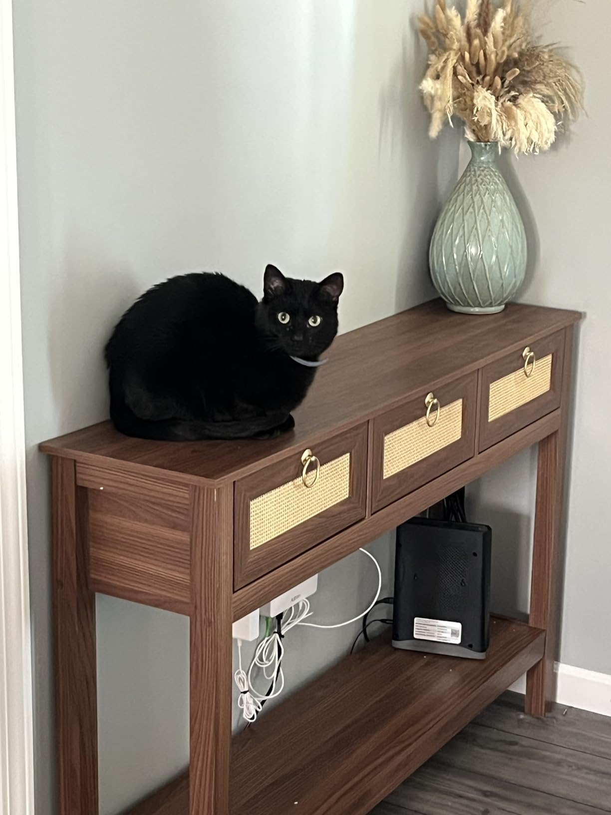 SUPERJARE Rattan Console Sofa Table with Outlets and USB-C Port, 3 Drawer Entryway Table with Synthetic Rattan Surface, Open Shelf, Behind Couch Entry Foyer Hallway Storage, Natural customer photo 2