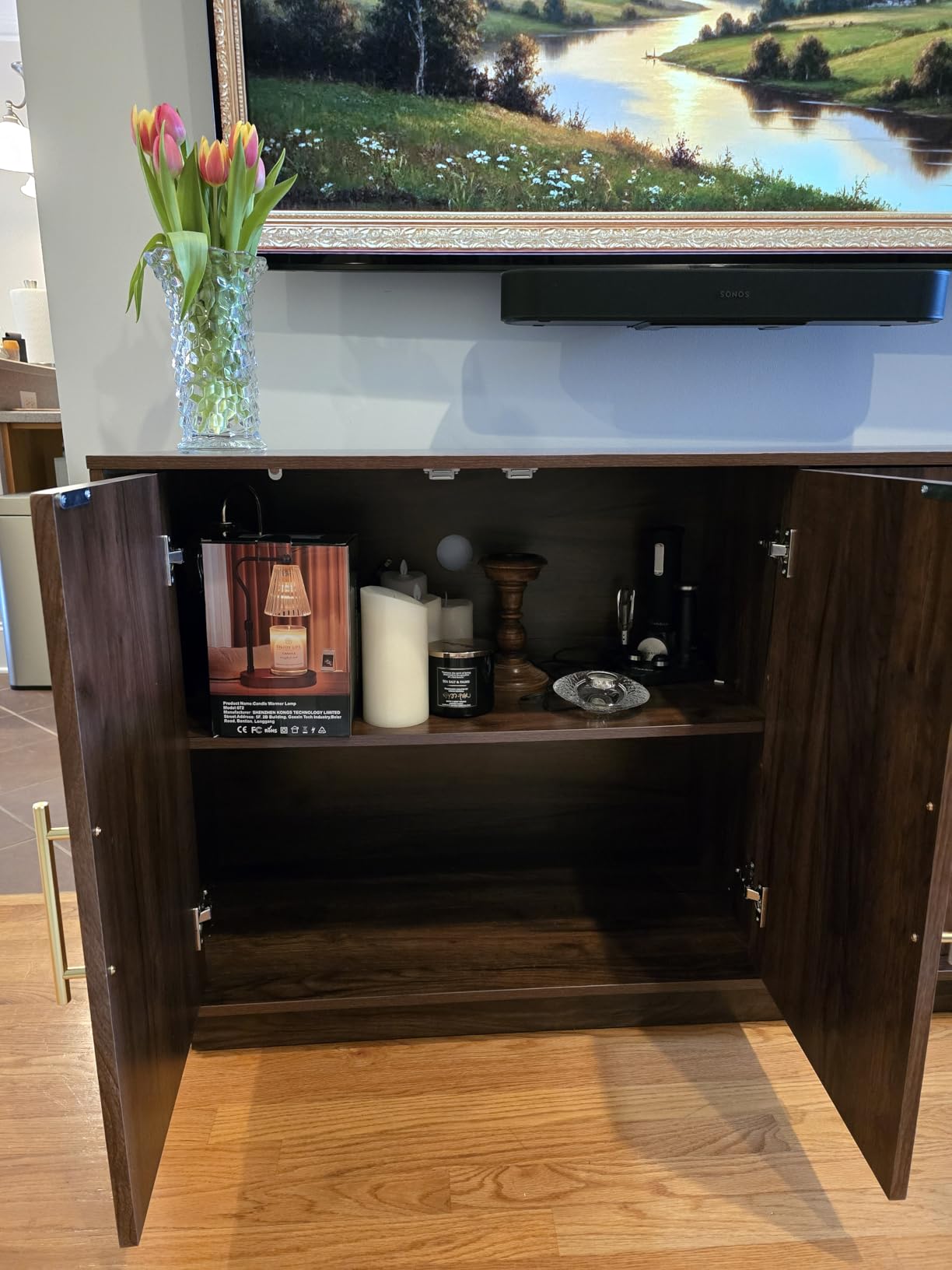 FORTUNETEC Sideboard Buffet Cabinet with Storage, Mid Century Modern Accent Cabinet with Arched Doors, Modular Media Console, Minimalist Credenza for Living Room Kitchen Dining Room Entryway, Walnut customer photo 2