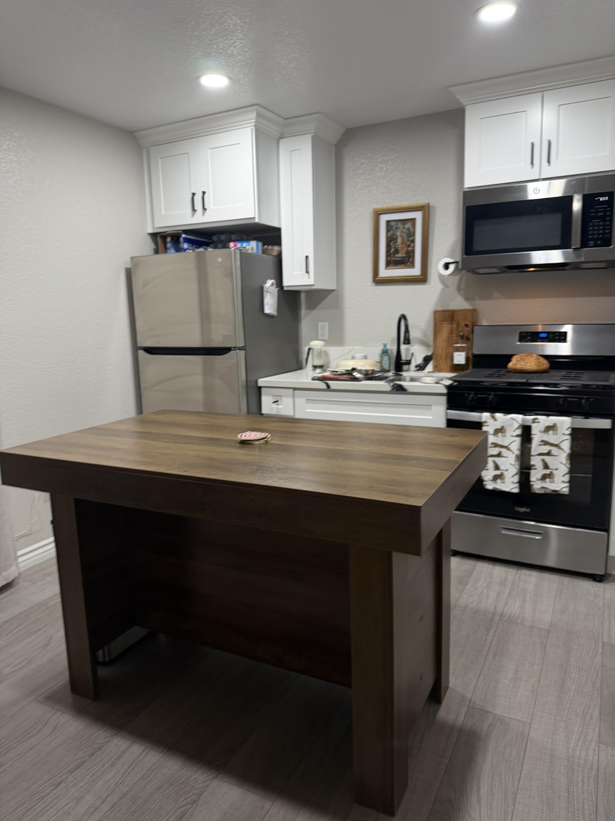 LITTLE TREE 55 Inches Kitchen Island with Storage, 3-Tier Farmhouse Wooden Stationary Island Table with Large Worktop & Leg Room, Modern Coffee Bar Table, Rustic Brown customer photo 1