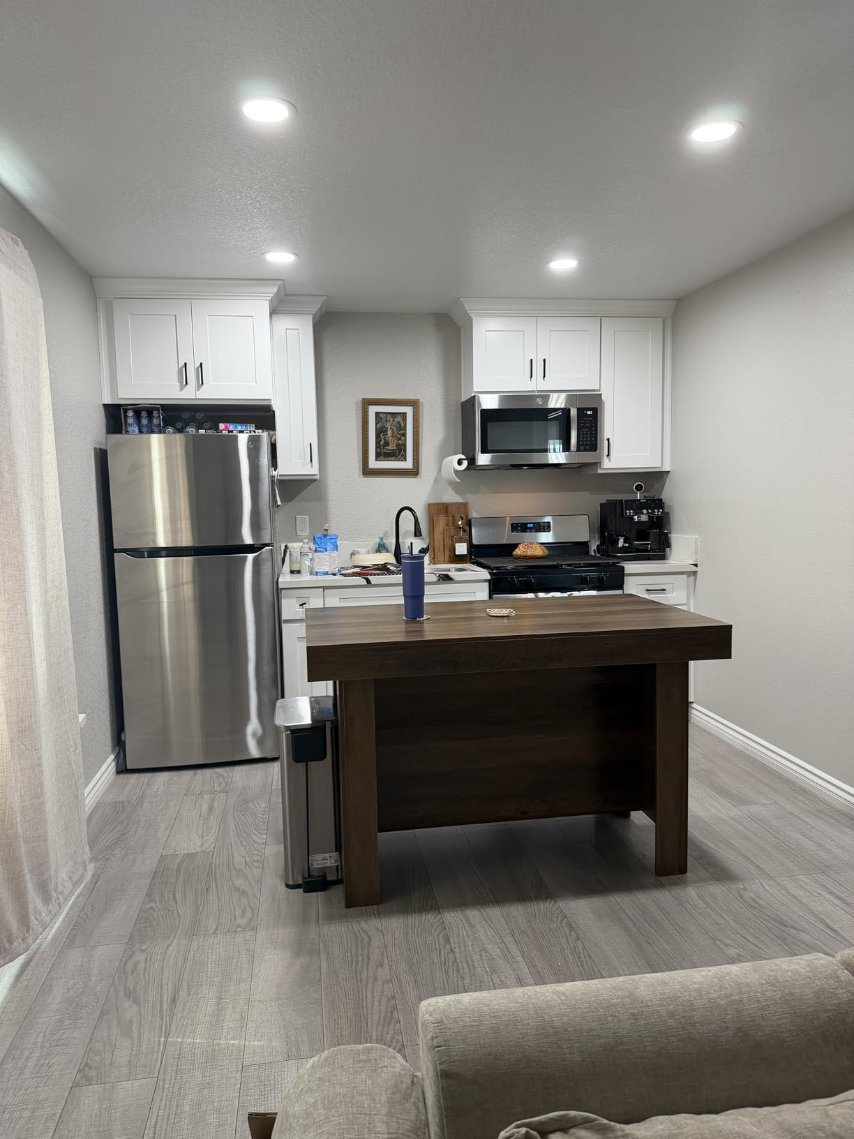 LITTLE TREE 55 Inches Kitchen Island with Storage, 3-Tier Farmhouse Wooden Stationary Island Table with Large Worktop & Leg Room, Modern Coffee Bar Table, Rustic Brown customer photo 2