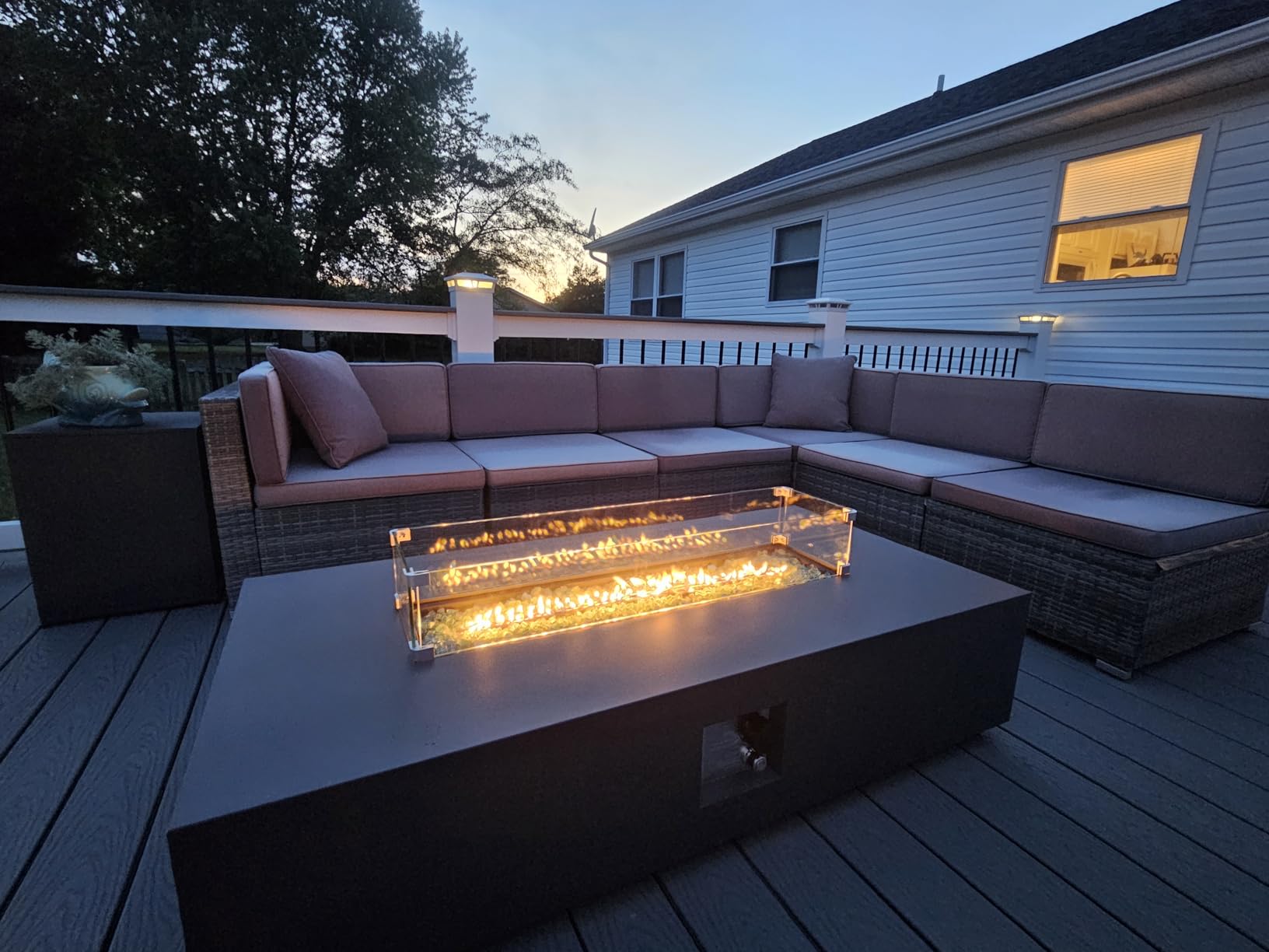 UPHA 56-inch Outdoor Propane Gas Fire Pit Table 50000 BTU Iron Rectangle Firepit for Outside Patio with Tank Hidden Table, Wind Guard, Removable Lid, Blue Glass Rocks, Rain Cover, Grey customer photo 2