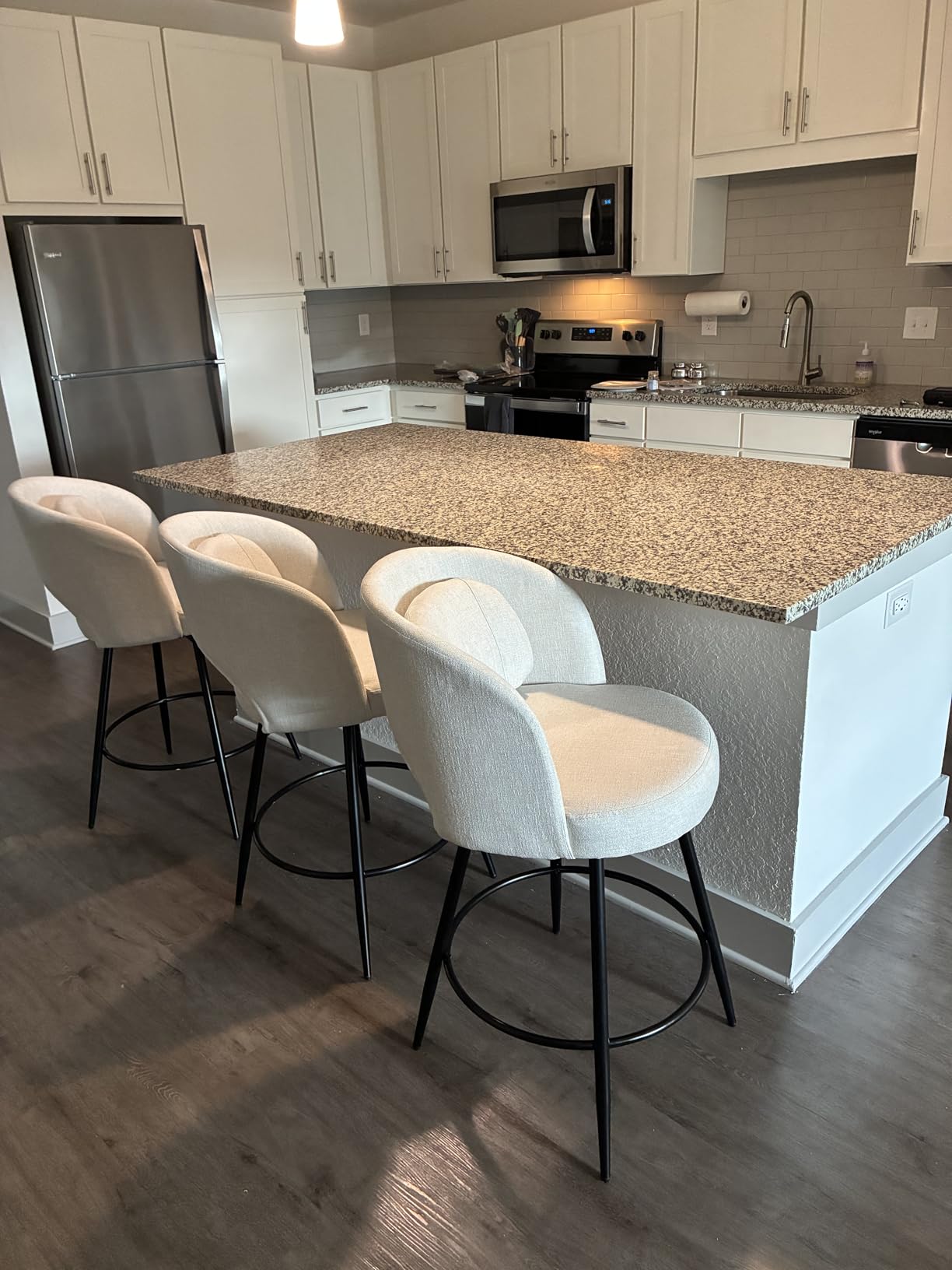 LUE BONA 26''H Swivel Bar Stools Set of 3, Counter Height Bar Stools with Backs, Lumbar Pillow and Black Metal Frames, Upholstered Modern Barstools for Kitchen Island, Linen Fabric customer photo 1