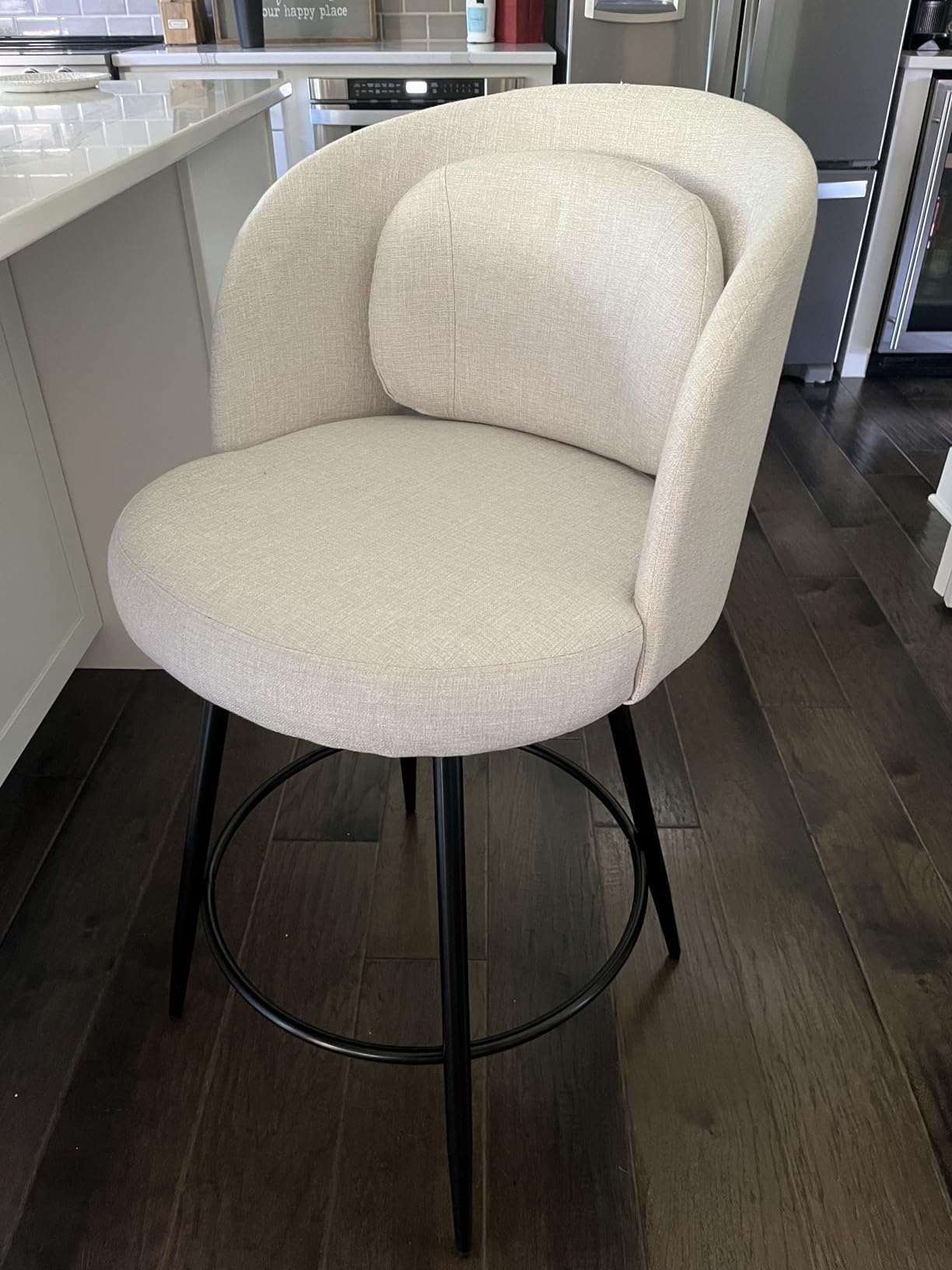 LUE BONA 26''H Swivel Bar Stools Set of 3, Counter Height Bar Stools with Backs, Lumbar Pillow and Black Metal Frames, Upholstered Modern Barstools for Kitchen Island, Linen Fabric customer photo 2