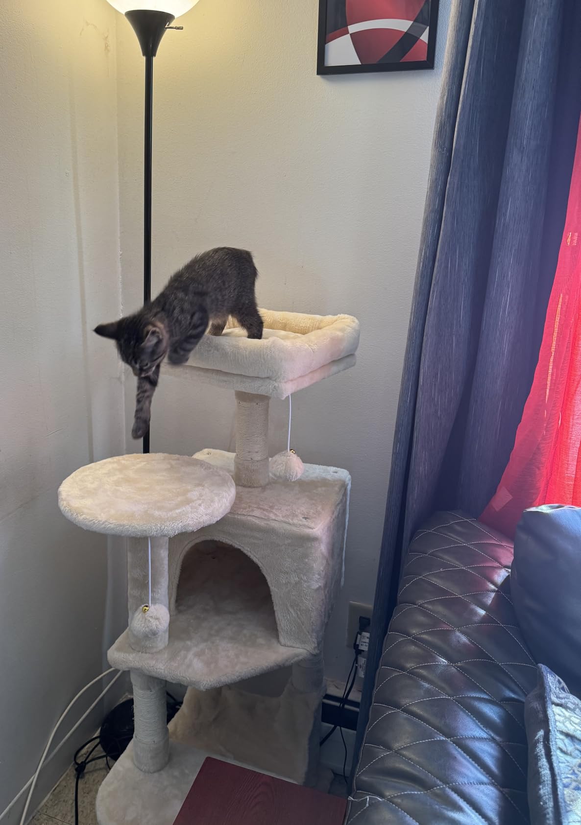 Sweetcrispy 44 Inch Cat Tree Tower, Cat Climbing Tower with Natural Sisal Scratching Posts, Hammock, Pet Condo for Indoor Cats and Kittens Play, Beige customer photo 2