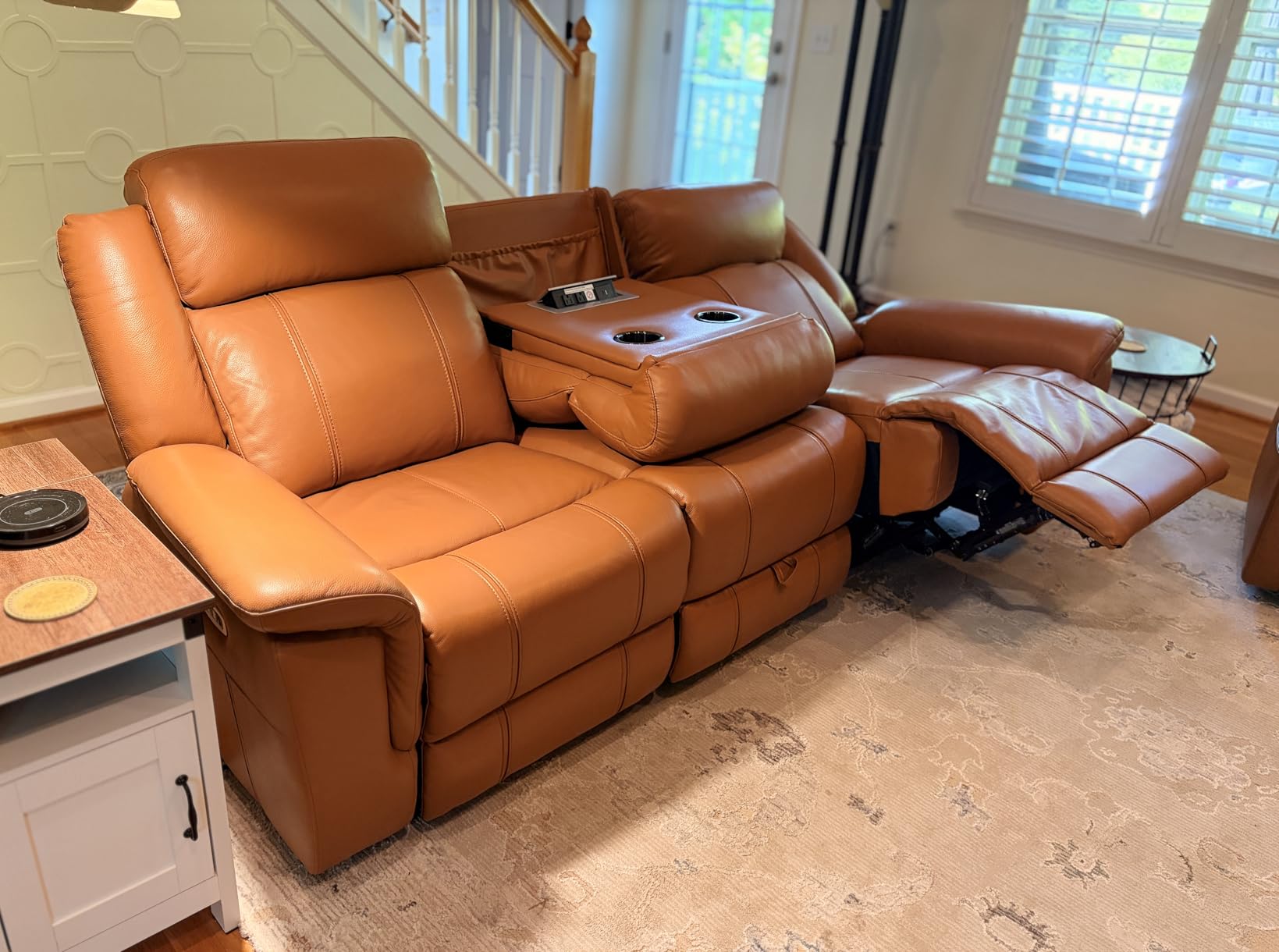 CHITA Genuine Leather Power Recliner Sofa, Wall Hugger Reclining Sofa with Drop Down Table, Power Headrest, Drawers, Charging Ports, Reclining Sectional Couch for Living Room, RV, Dark Brown customer photo 2
