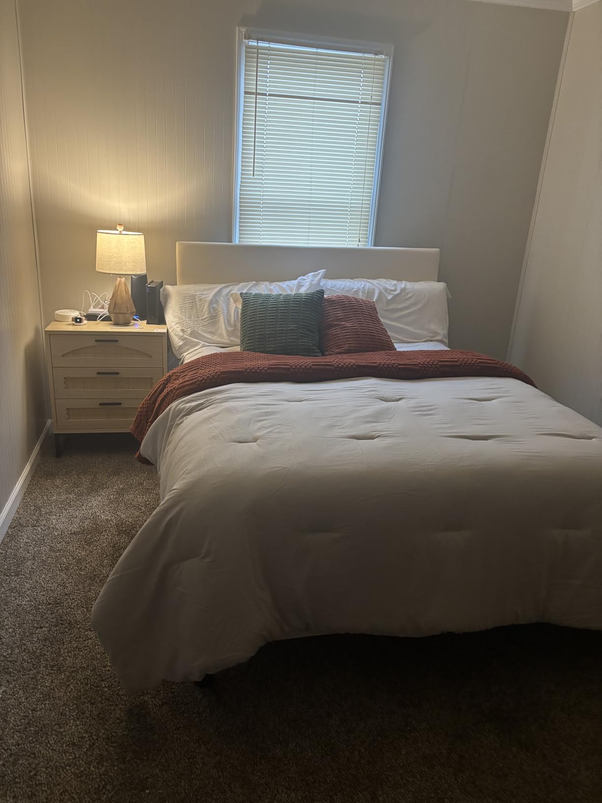 GRUSIGN King Size Platform Bed Frame with Velvet Headboard, Adjustable Height Wooden Slats Support, Upholstered Mattress Foundation, Fits Mattress or Mattress with Box Spring, Easy Assembly, Beige customer photo 1