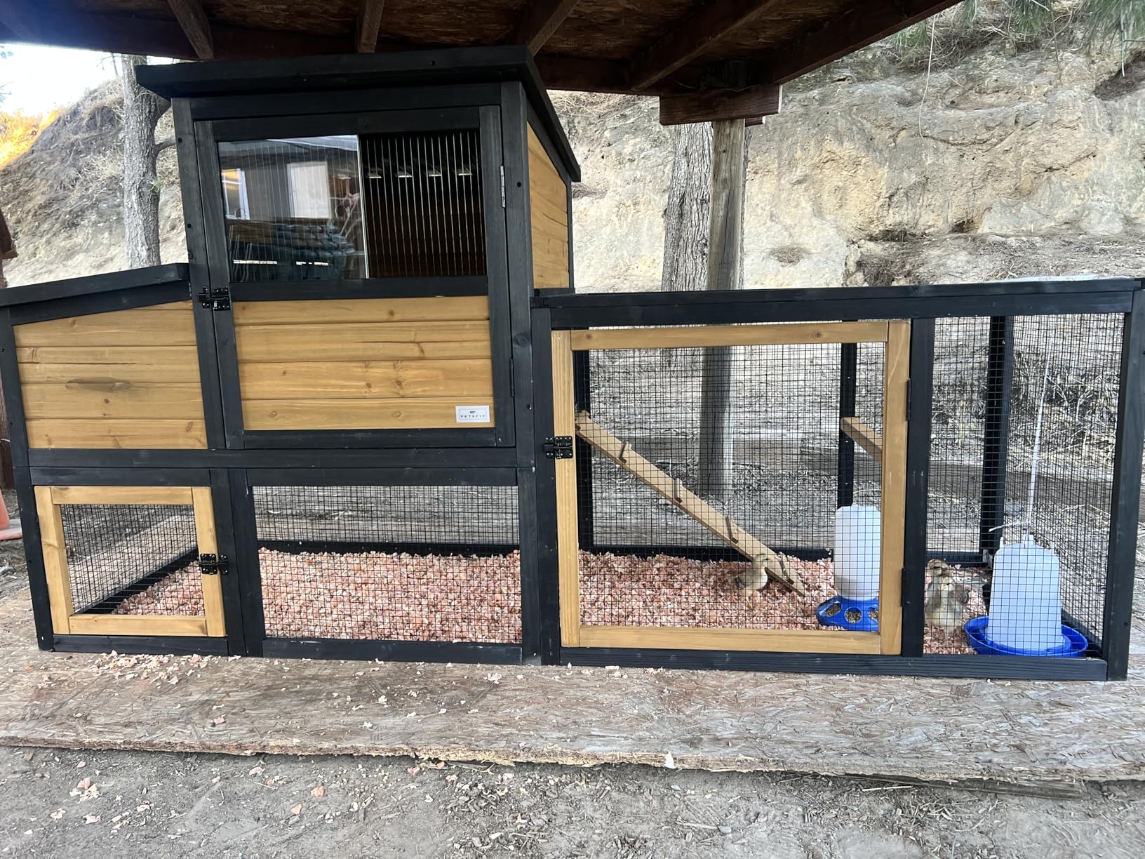 PETSFIT Wooden Chicken Coop for 2-4 Chickens, Backyard Coop with Run, 2 Nesting Boxes and 2 Roost Bars, PVC Windows, Easy-Clean 3-Door Access, Weather-Resistant PVC Roof, 6 Ground Stakes customer photo 1