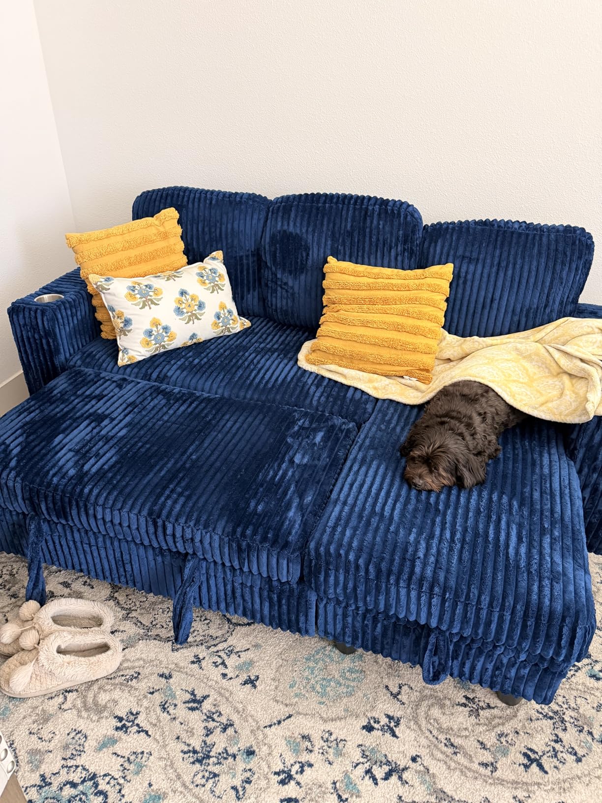 LINSY HOME Sectional Sleeper Sofa Pull Out Couches for Living Room - Pull Out Sofa Bed, Storage, USB Charging, Cup Holders, Plush Corduroy (Green) customer photo 1