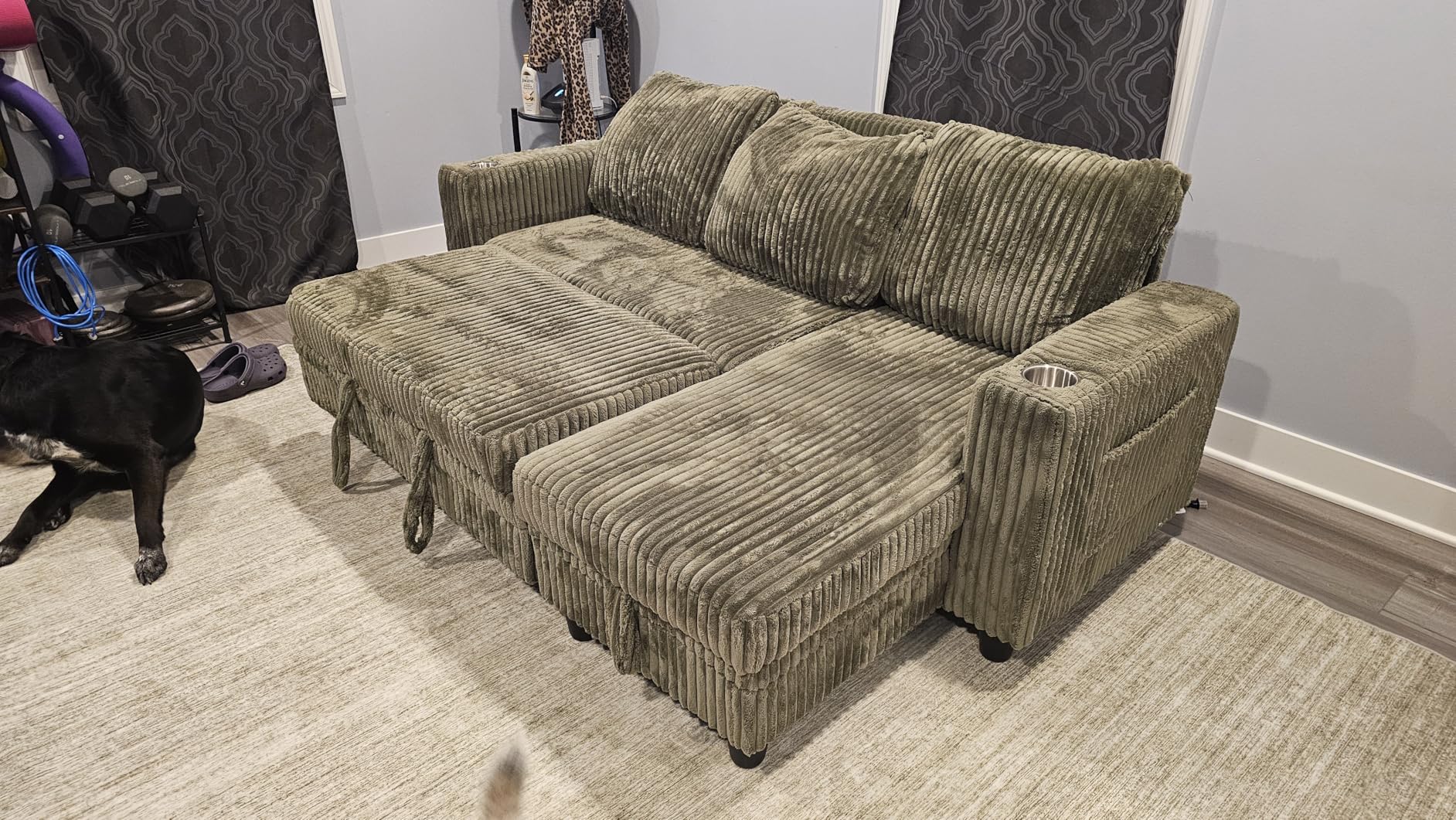 LINSY HOME Sectional Sleeper Sofa Pull Out Couches for Living Room - Pull Out Sofa Bed, Storage, USB Charging, Cup Holders, Plush Corduroy (Green) customer photo 2