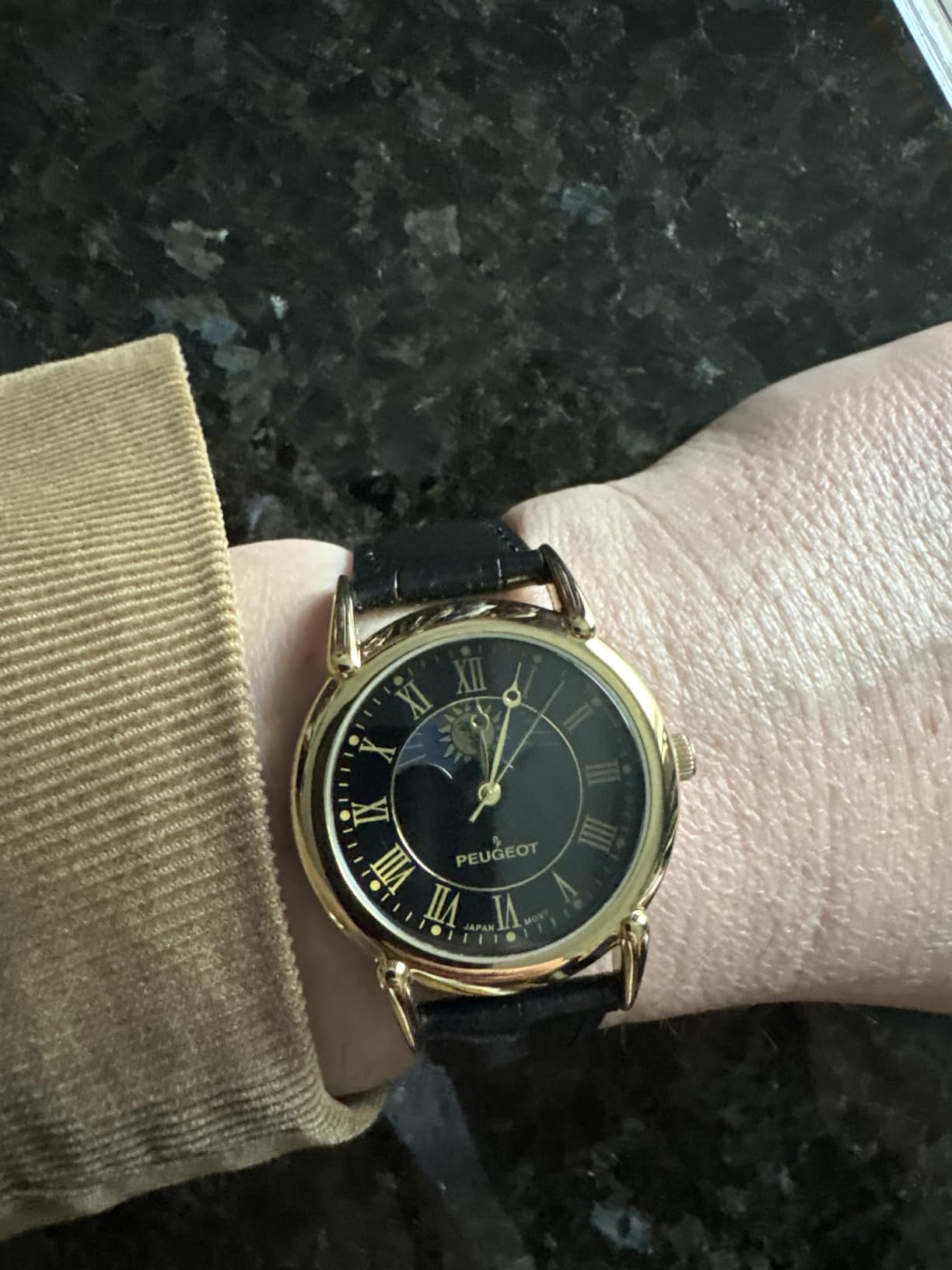 Peugeot Men's 14K Gold Plated Vintage Moon Phase Leather Dress Watch customer photo 1