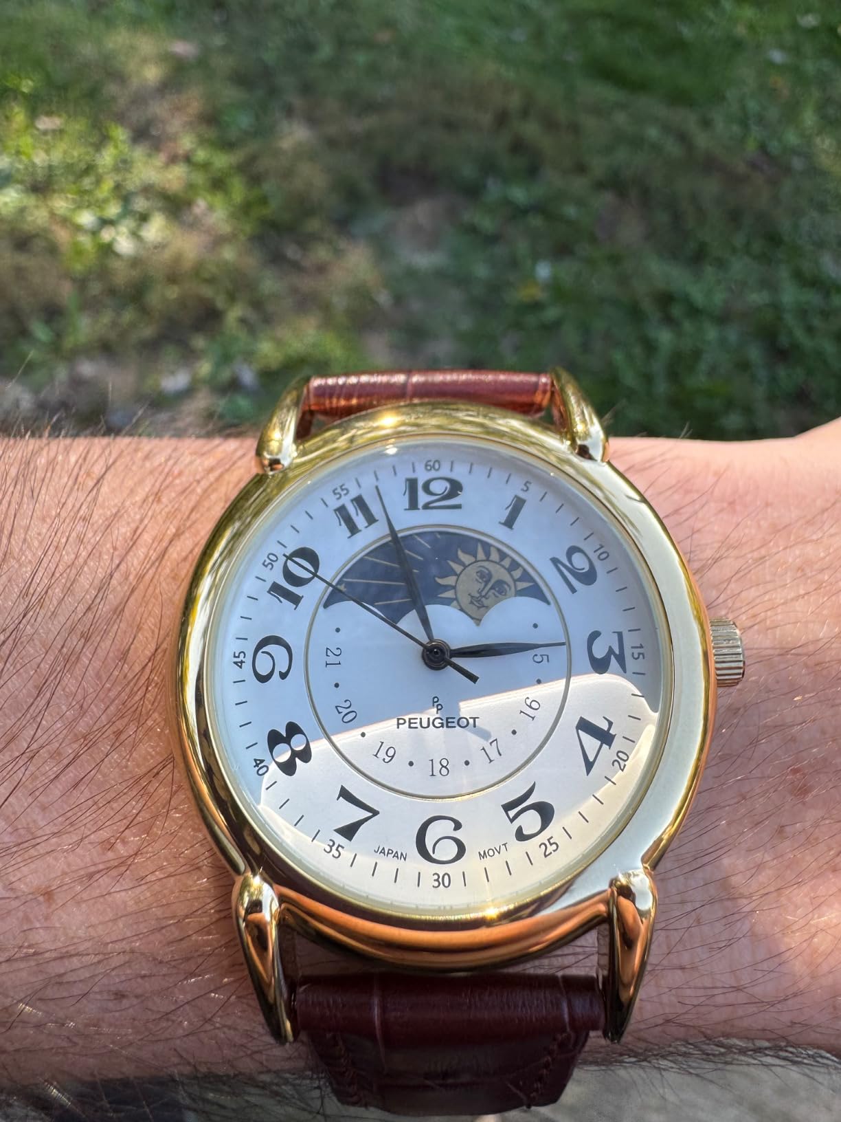 Peugeot Men's 14K Gold Plated Vintage Moon Phase Leather Dress Watch customer photo 2