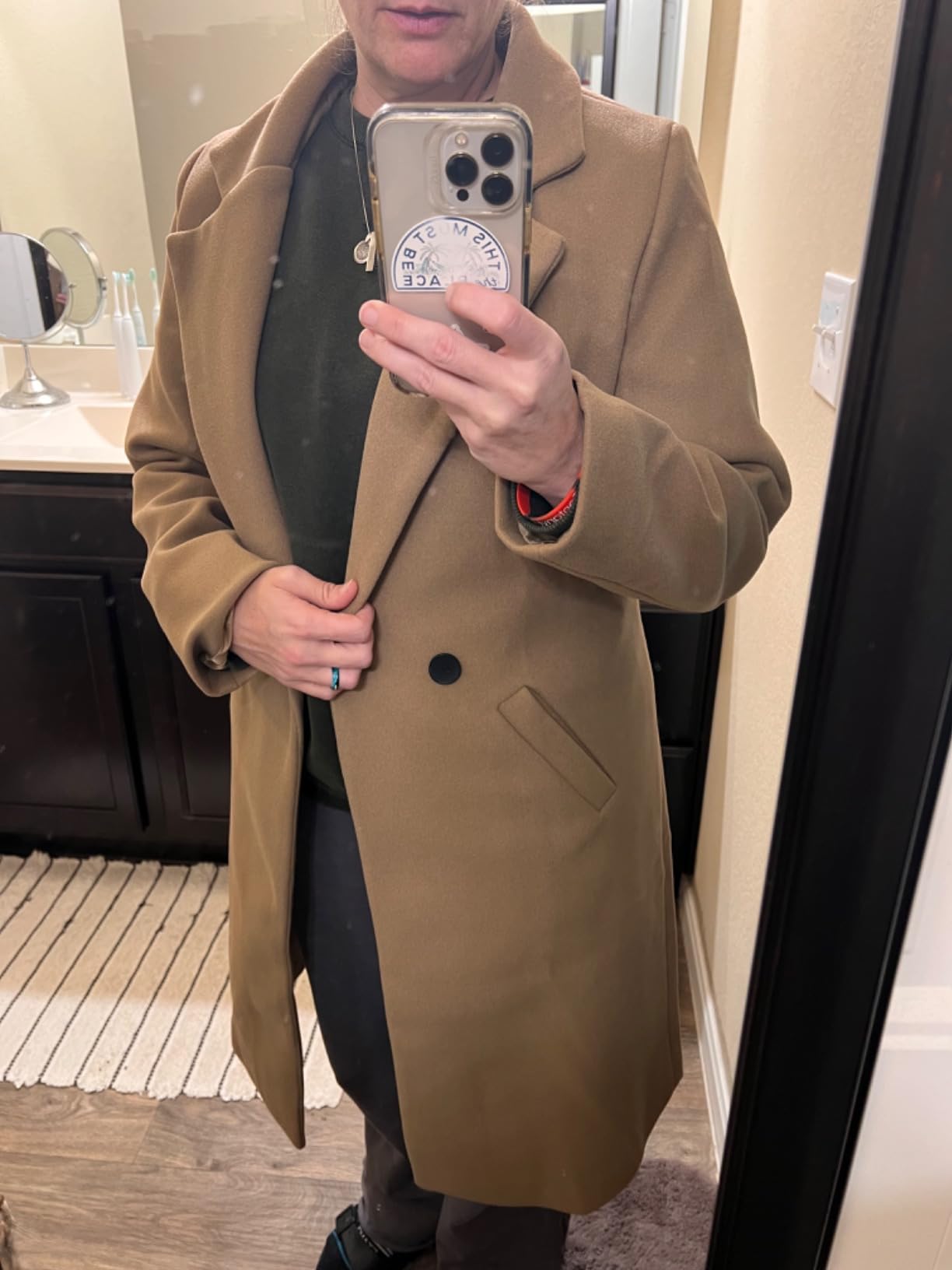 Tanming Women's Notch Lapel Double Breasted Wool Blend Mid Long Pea Trench Coat customer photo 2