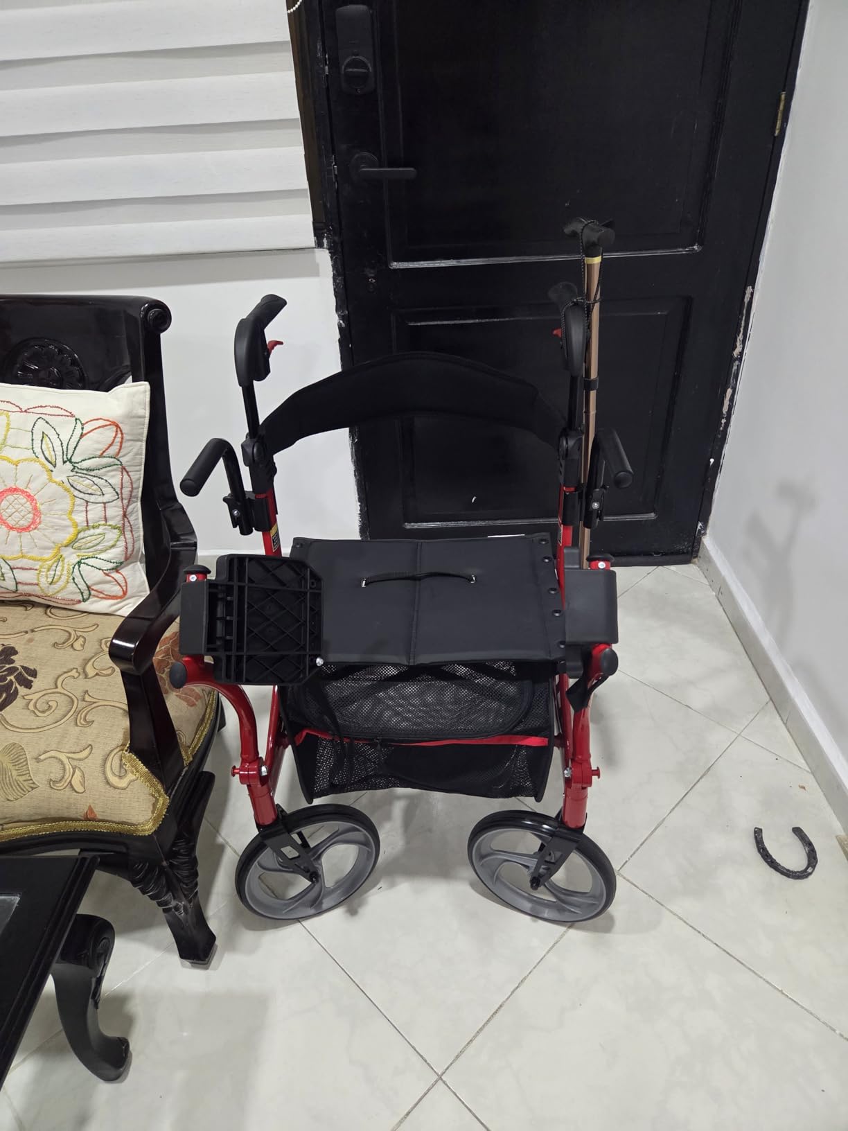 Drive Medical Nitro Duet Dual Function Foldable Rollator Walker & Transport Wheelchair for Seniors & Adults - Hand Activated Brakes & Back Support - Large Front Wheels - Red customer photo 1