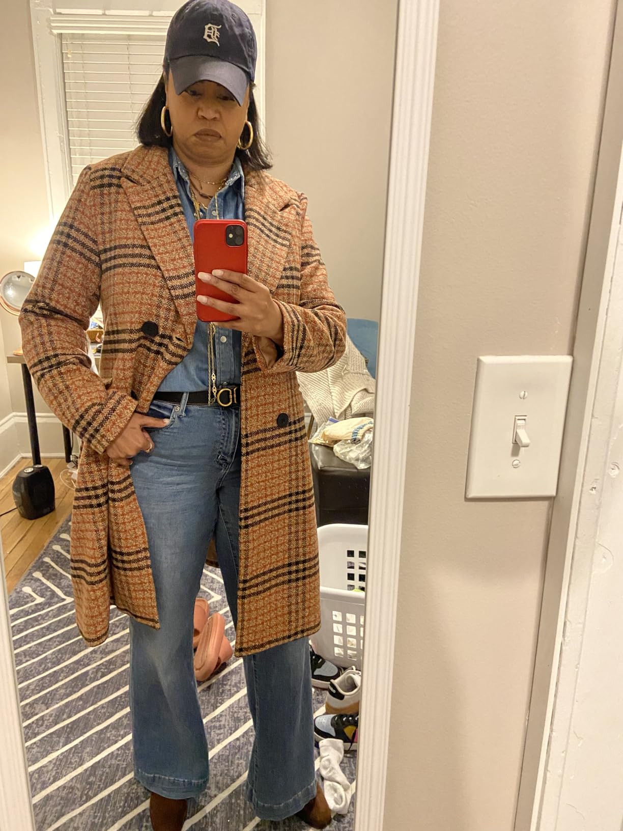 CHARTOU Women's Winter Oversize Lapel Collar Woolen Plaid Double Breasted Long Peacoat Jacket customer photo 1