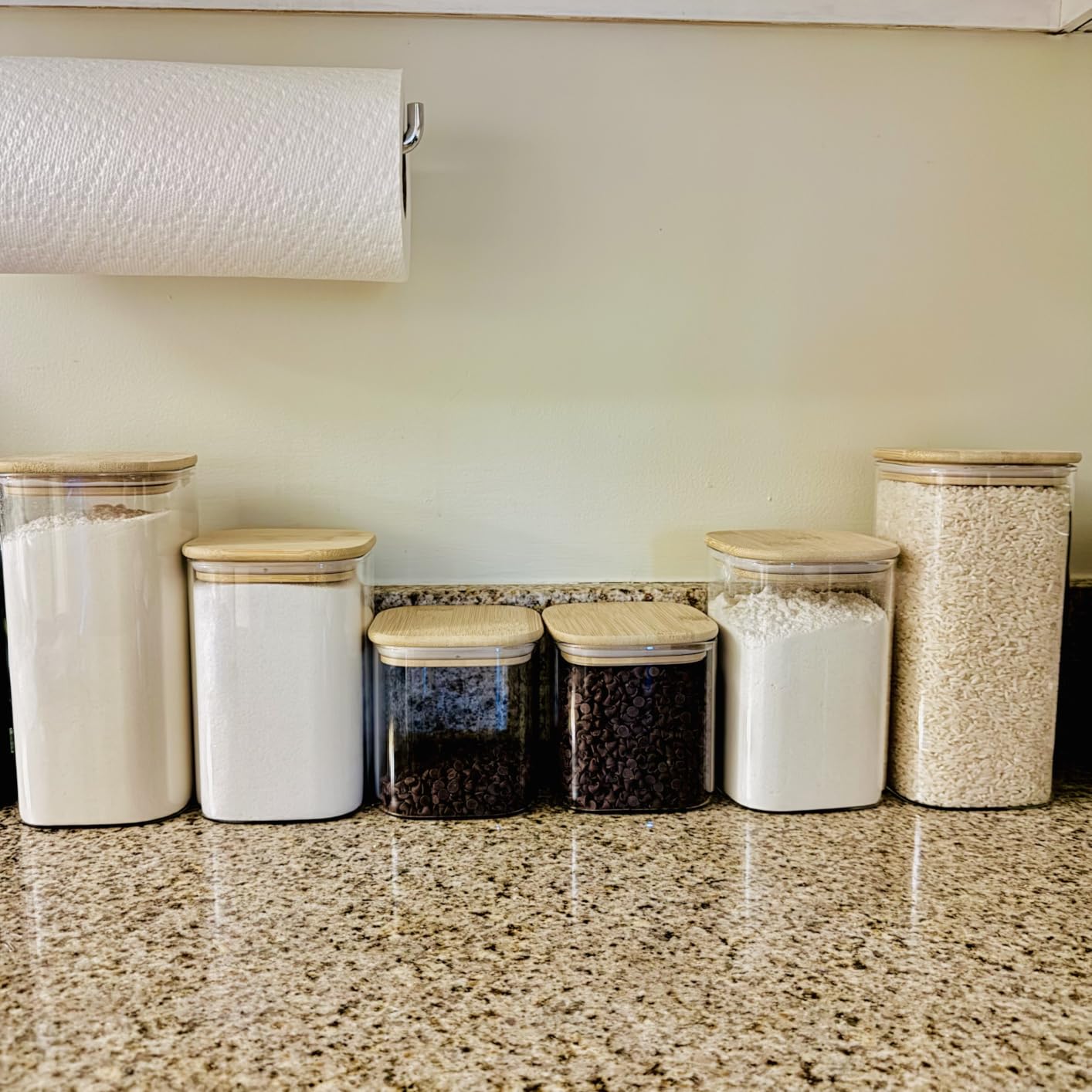 ComSaf Glass Pantry Storage Containers (0.7Qt/1.2Qt/1.6Qt) Set of 6, Glass Storage Containers with Lids, Kitchen Food Storage Jar, Square Glass Jars for Flour Cereal Sugar Tea Coffee Beans Snacks customer photo 2