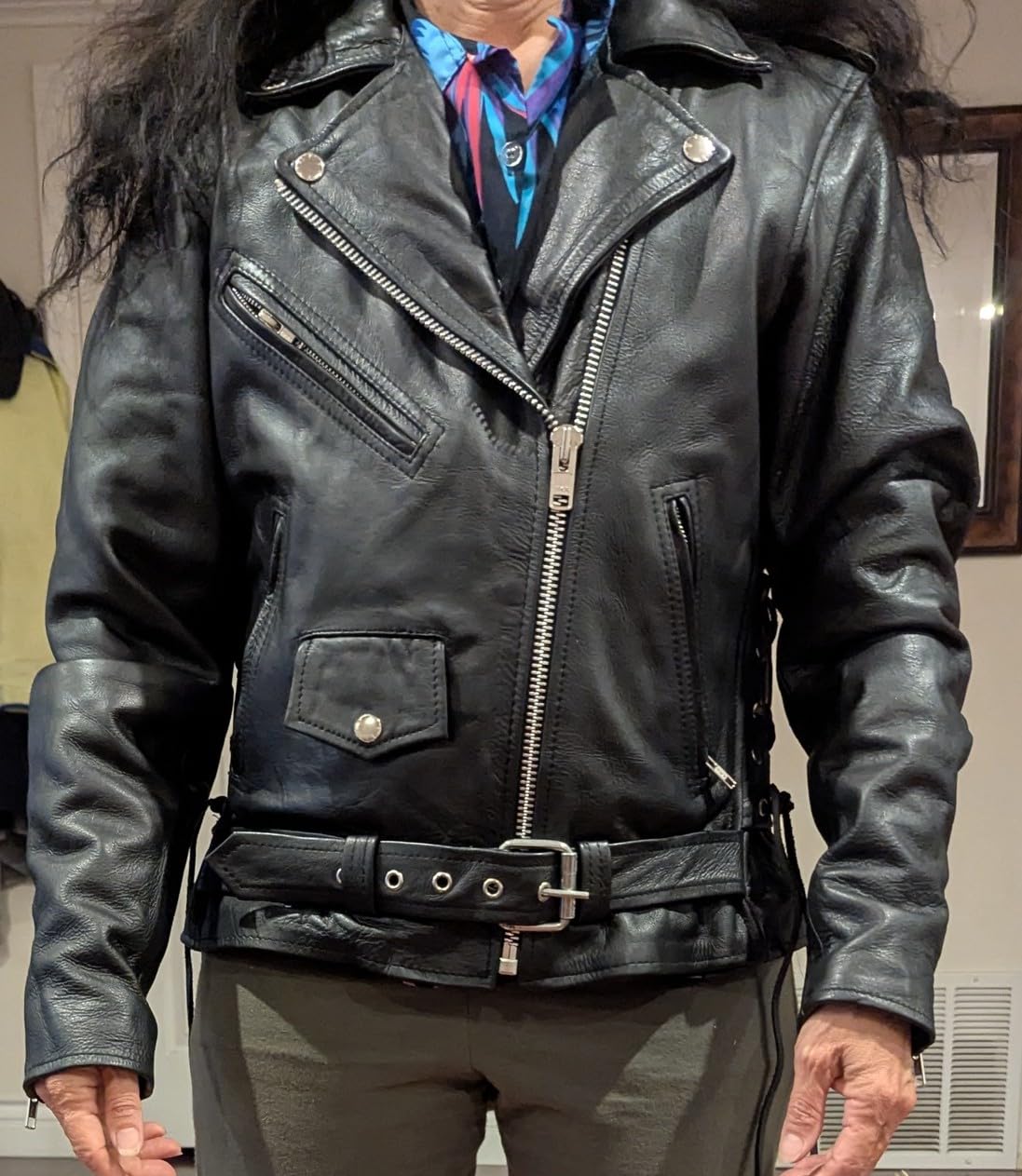 Dream Apparel Women's Classic Leather Motorcycle Jacket with Zip Out Lining, Biker Jacket for Ladies with Side Laces, Black customer photo 1