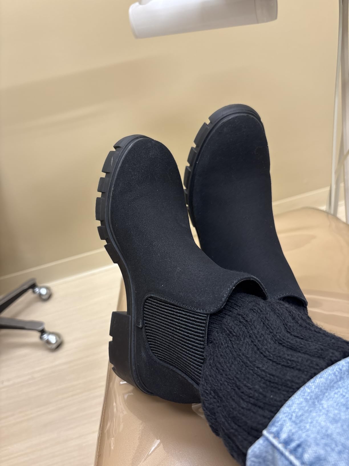 Athlefit Women's Chelsea Boots Fashion Lug Sole Chunky Heel Slip on Elastic Ankle Booties customer photo 2