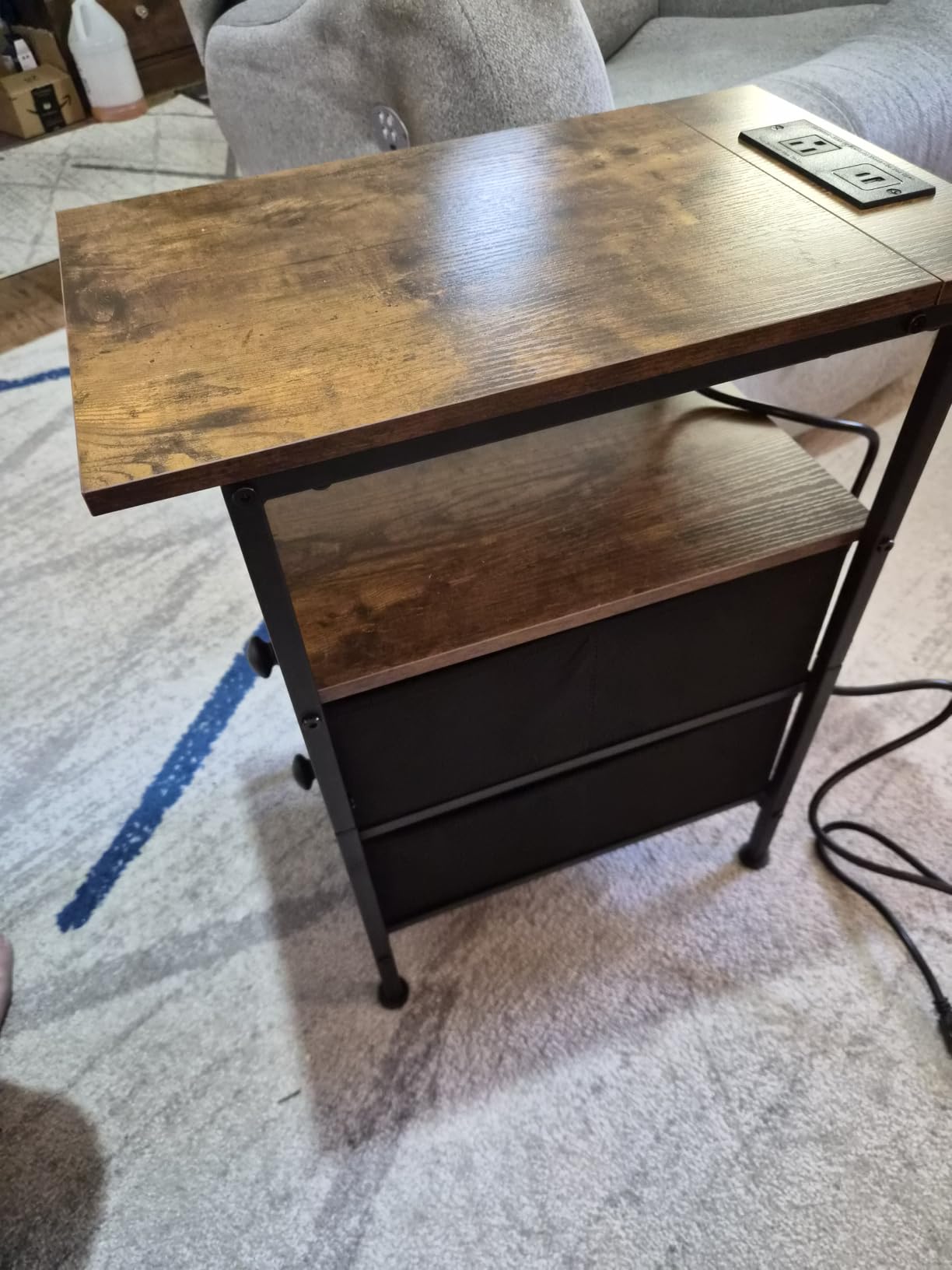 HOOBRO End Table with Charging Station, Narrow Side Table, Nightstand with 2 Non-Woven Drawers, Slim Sofa Side Table, for Small Spaces, Living Room, Bedroom, Rustic Brown and Black BF486UBZ01 customer photo 2