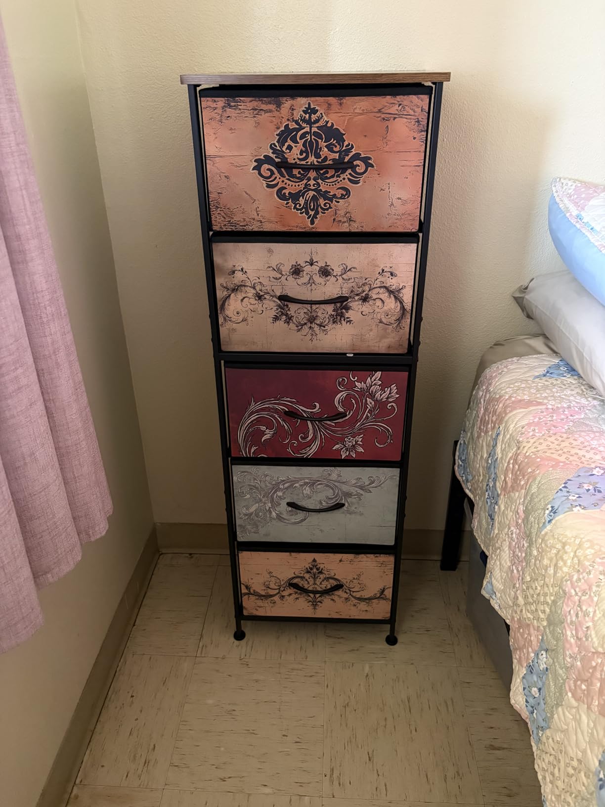 WLIVE Fabric Dresser for Bedroom, 5-Drawer Tall Dressers, Storage Organizer with Fabric Bins, Wood Top, Sturdy Steel Frame, Chest of Drawers for Closet, Hallway, Rustic Brown Wood Grain Print customer photo 2