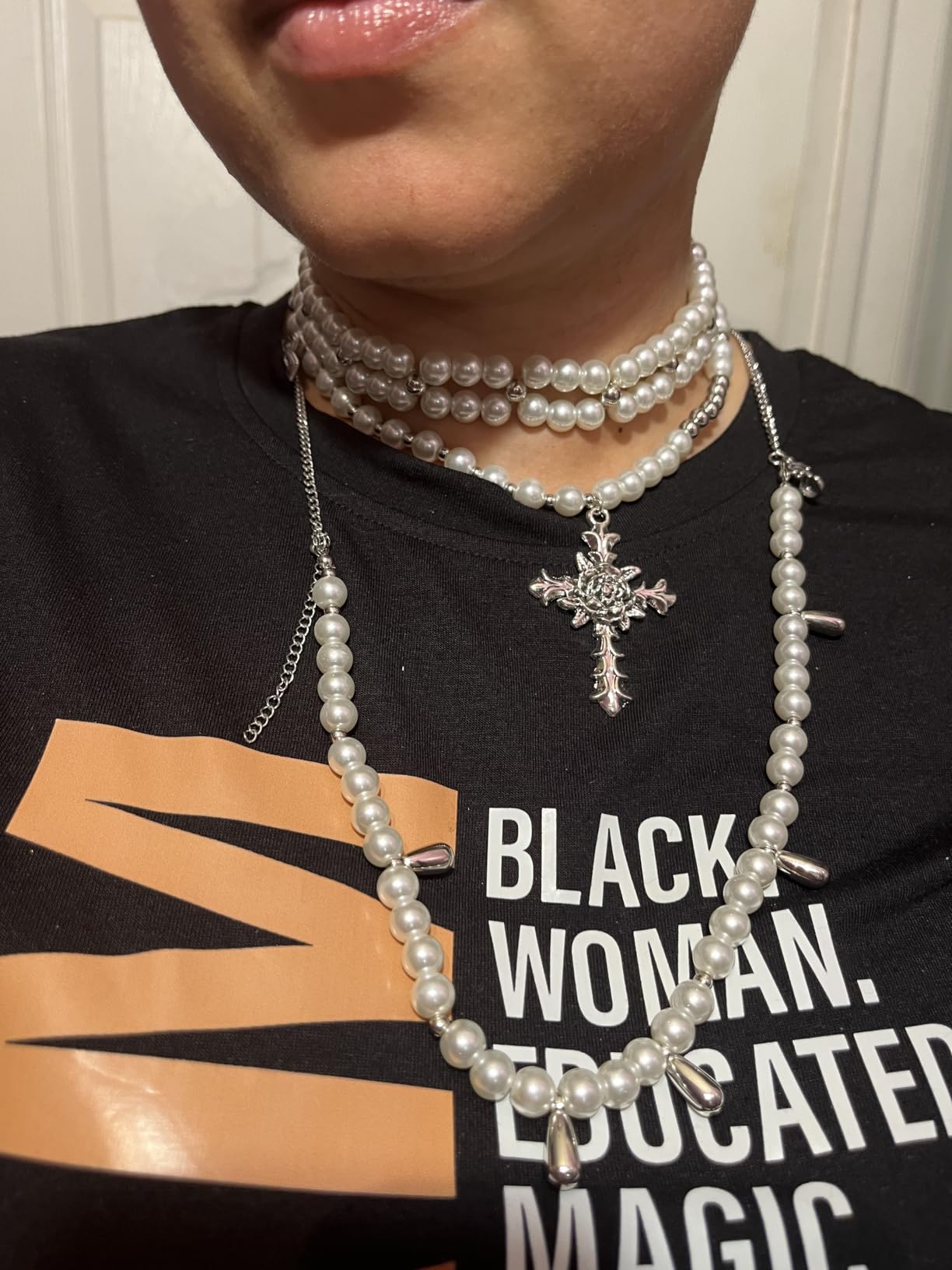 Layered Pearl Necklace Gothic Cross Pearl Stacked Necklace for Women customer photo 1