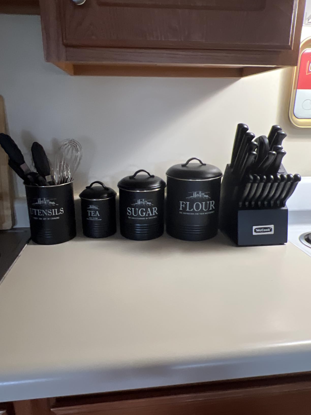 noonberry 5-Piece Farmhouse Kitchen Canister Sets for Kitchen Counter | Flour, sugar, coffee, tea, airtight kitchen canisters for countertop plus utensil holder, metal, gift-ready, Cream-White customer photo 2