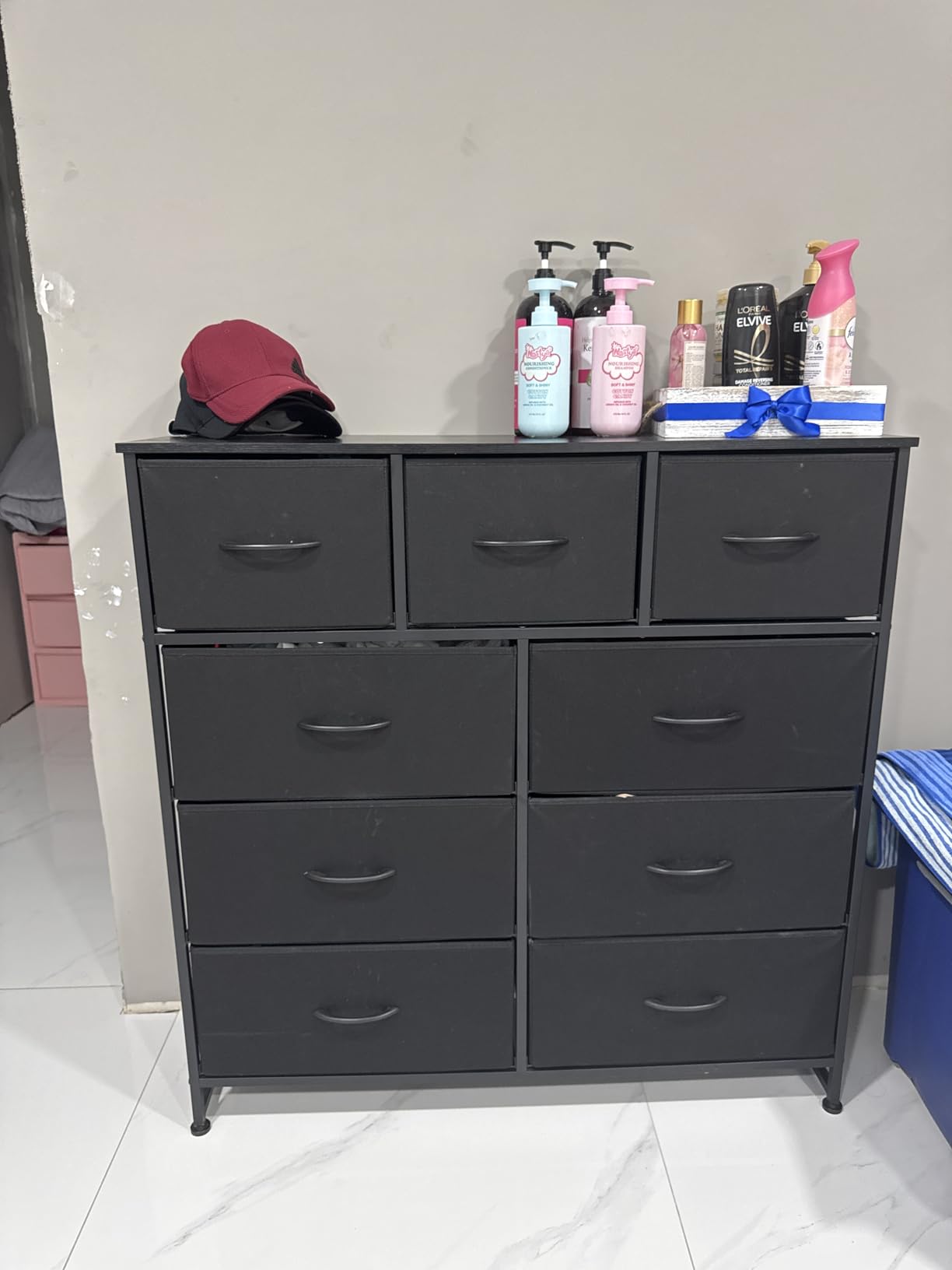 DUMOS Dresser for Bedroom, Storage Organizer with 9 Drawers, Chest of Drawers with Fabric Bins, Sturdy Metal Frame, Wood Tabletop for Guest Room, Closet, Entryway, White customer photo 2