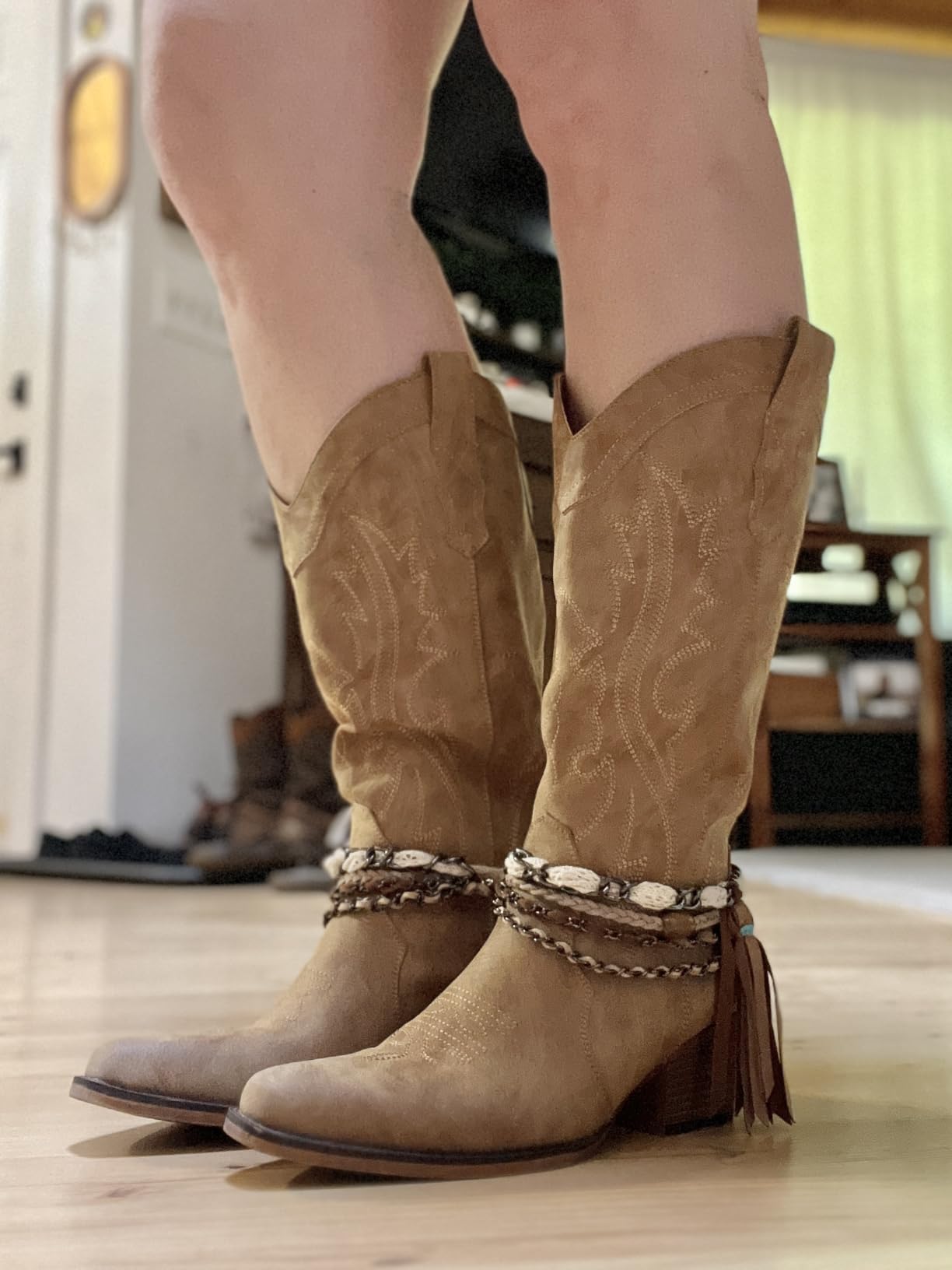 IUV Cowboy Boots For Women Western Cowgirl Boots with Chunky Heel Mid Calf Snip Toe Ideal for low insteps customer photo 1