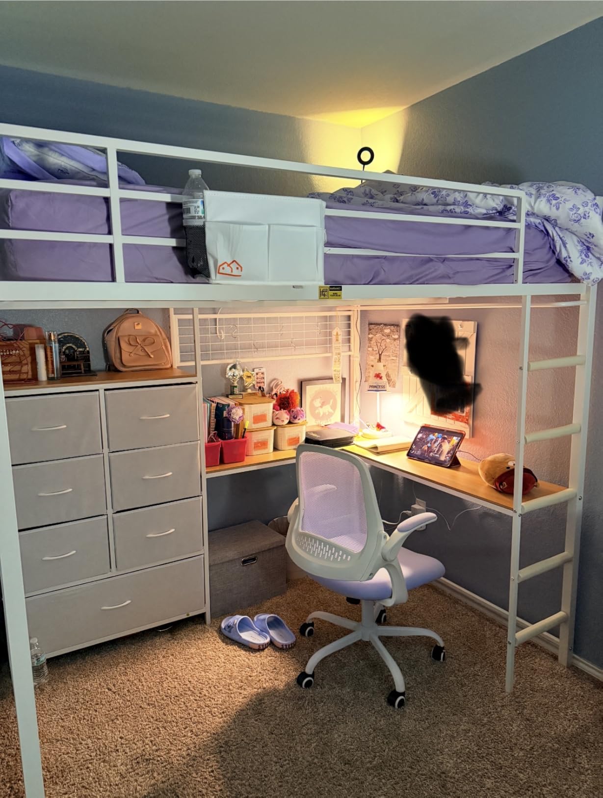 DICTAC Twin Size Loft Bed with L-Shaped Desk and 7 Storage Drawers, Metal Twin Loft Bed for Kids with LED Lights and Charging Station, 13.11