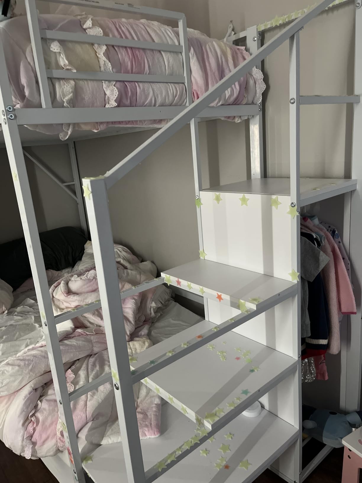 KEIKI Twin Size Metal Loft Bed Frame with Convertible Staircase, Built-in Storage Shelves & Wardrobe, Loft Bed with Solid Slats & Guardrail, No Box Spring Required, Easy Assembly, for Bedroom, White customer photo 1