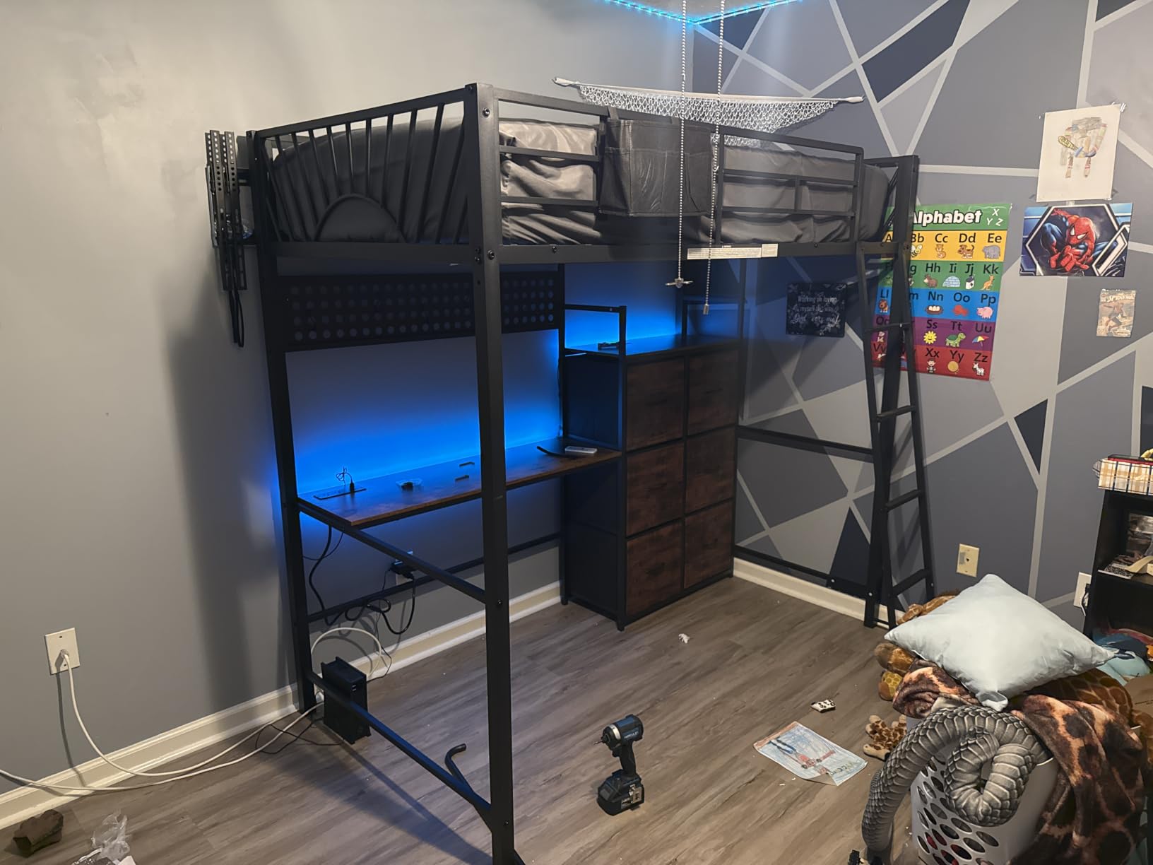 Decofy White Twin Loft Bed with Desk and 6 Storage Drawers, Metal Twin Size Loft Beds with Charging Station, RGB LED Lights, and Pegboard & Hanging Rod for Kids, Teenager (White) customer photo 1