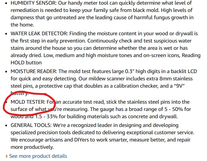 General Tools MMD4E Digital Moisture Meter, Water Leak Detector, Moisture Tester, Pin Type, Backlit LCD Display With Audible and Visual High-Medium-Low Moisture Content Alerts, Grays customer photo 2