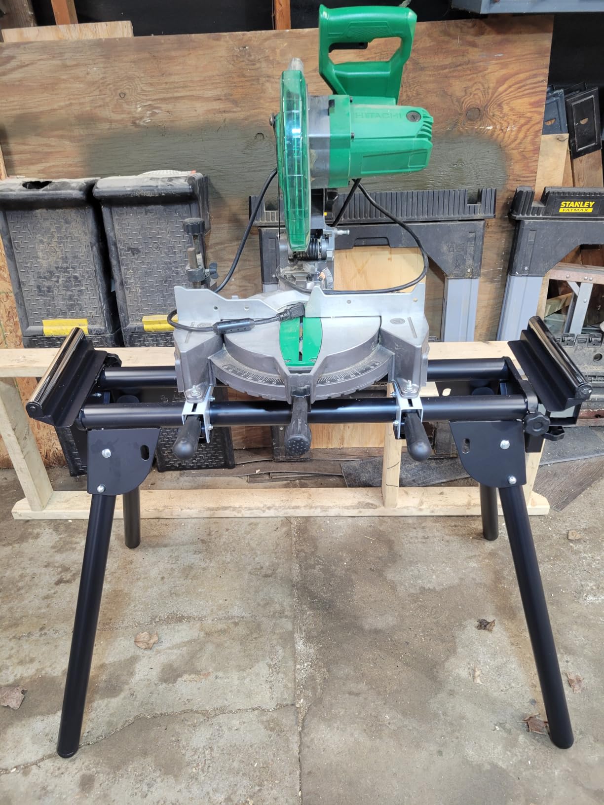 Evolution Power Tools EVOMS1 Miter Saw Stand Compact & Folding, Universal Fits Most Brands, Quick Release Mounting Brackets, Rollers, End Stops for Repeat Cutting, Black customer photo 1