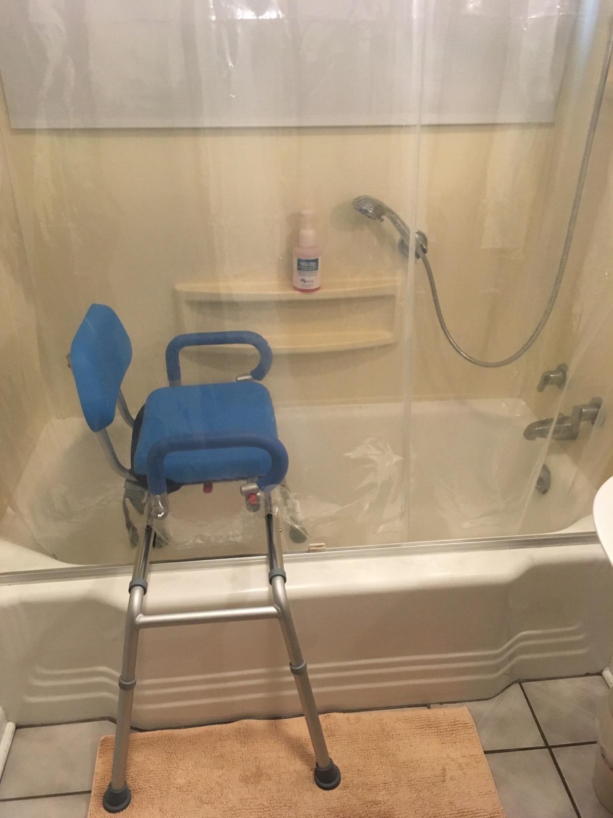 Platinum Health Carousel Sliding Shower Chair Tub Transfer Bench with Swivel Seat, Premium Padded, Pivoting Arms, Adjustable Space Saving Design for Tubs, Inside Shower, for Handicap & Seniors, Blue customer photo 2
