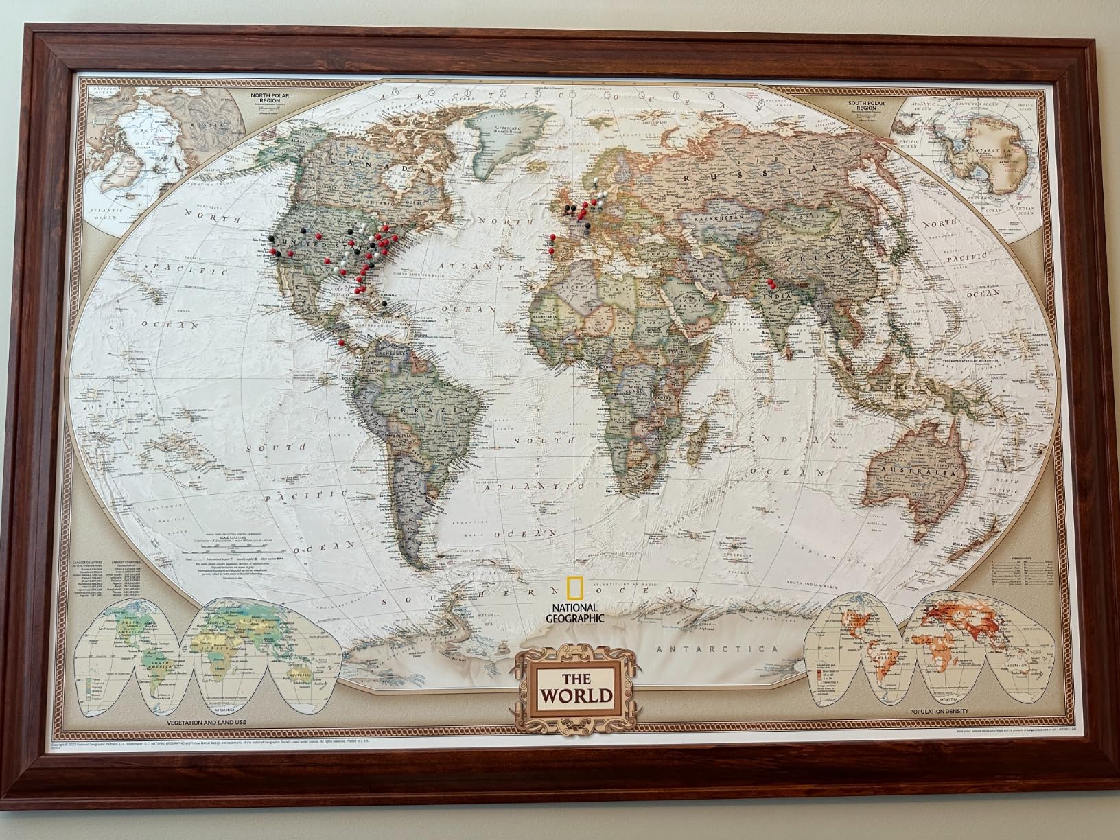 Executive World Map Canvas Poster with Pins - National Geographic Detailed Antique Style Canvas Travel Map - Large 24