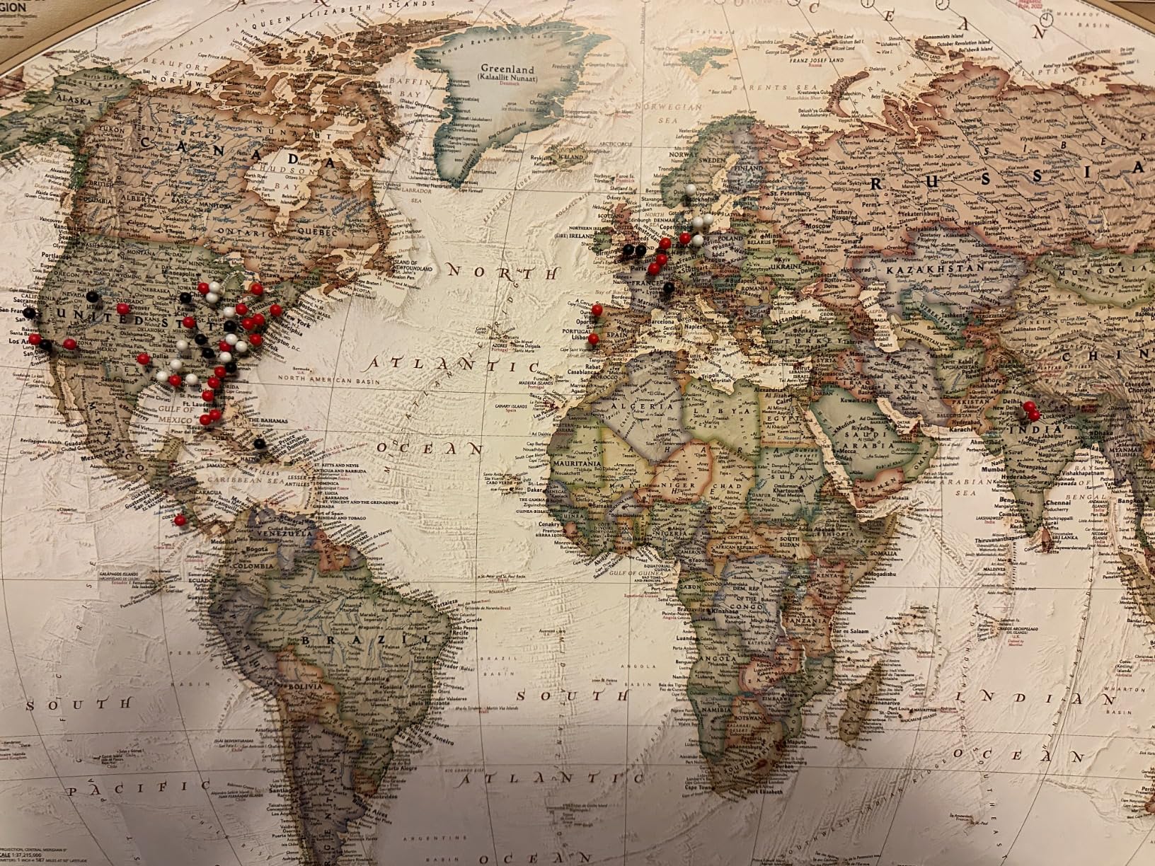 Executive World Map Canvas Poster with Pins - National Geographic Detailed Antique Style Canvas Travel Map - Large 24