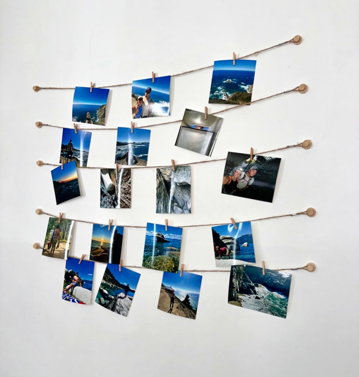 Hanging Photo Display Room Wall Decor - Sculptural Picture Frames Collage - 5 Strings with 30 Clips - 3M Self Adhesive Hooks - No Holes Drilling - 30 x 30 inch customer photo 2