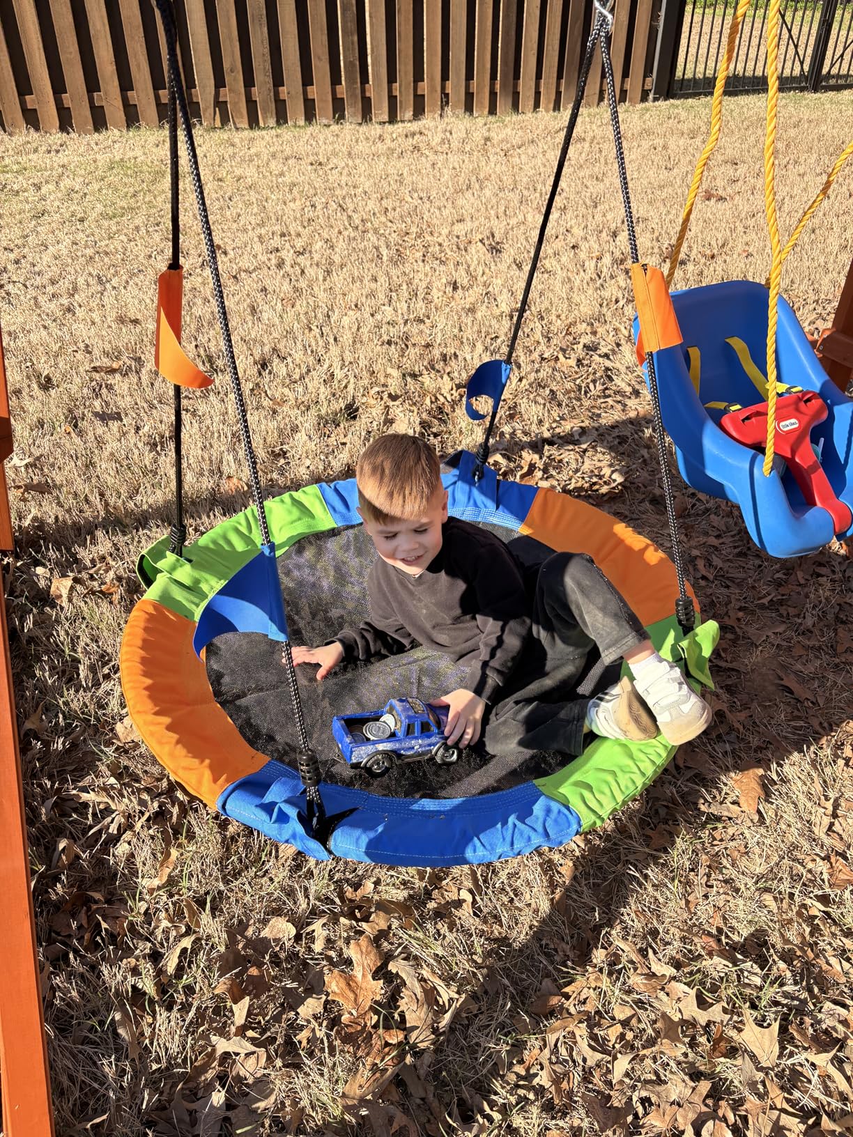 40 Inch Saucer Tree Swing Flying 600lb Weight Capacity 2 Added Hanging Straps Adjustable Multi-Strand Ropes Colorful Safe and Durable Swing Seat for Children customer photo 1