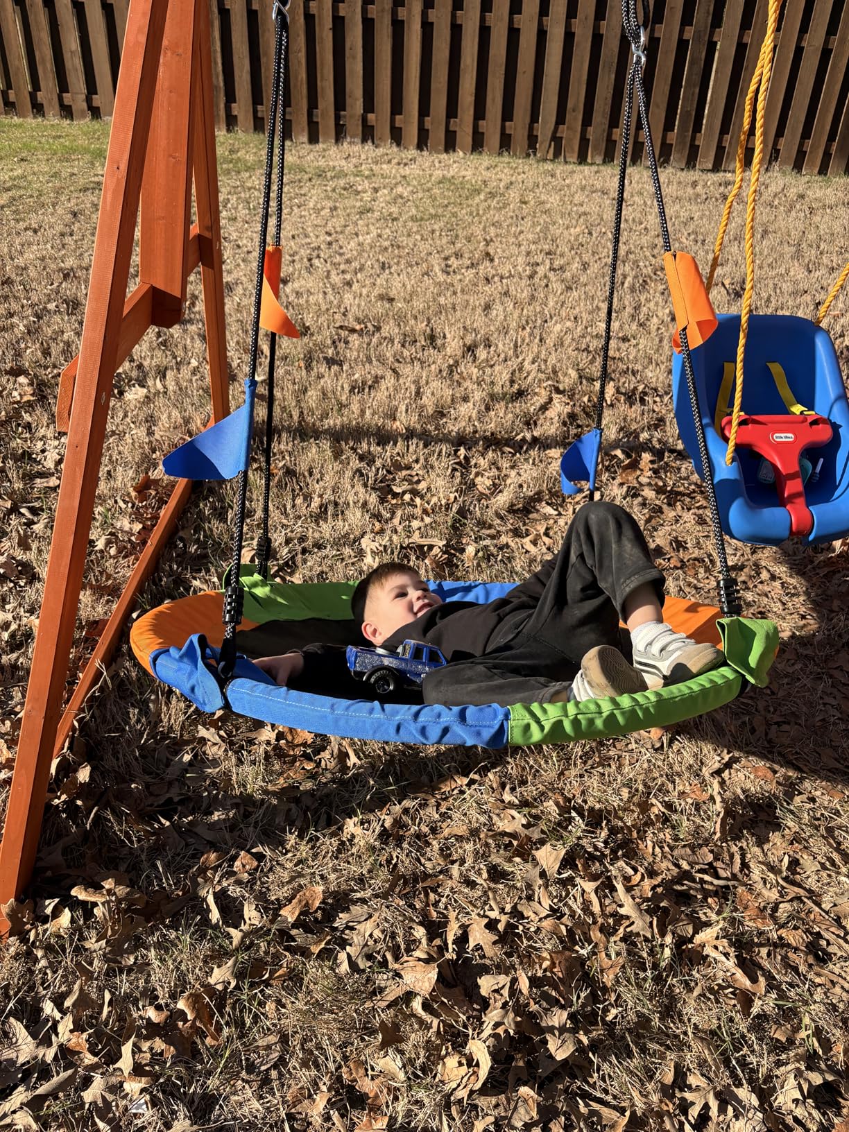 40 Inch Saucer Tree Swing Flying 600lb Weight Capacity 2 Added Hanging Straps Adjustable Multi-Strand Ropes Colorful Safe and Durable Swing Seat for Children customer photo 2