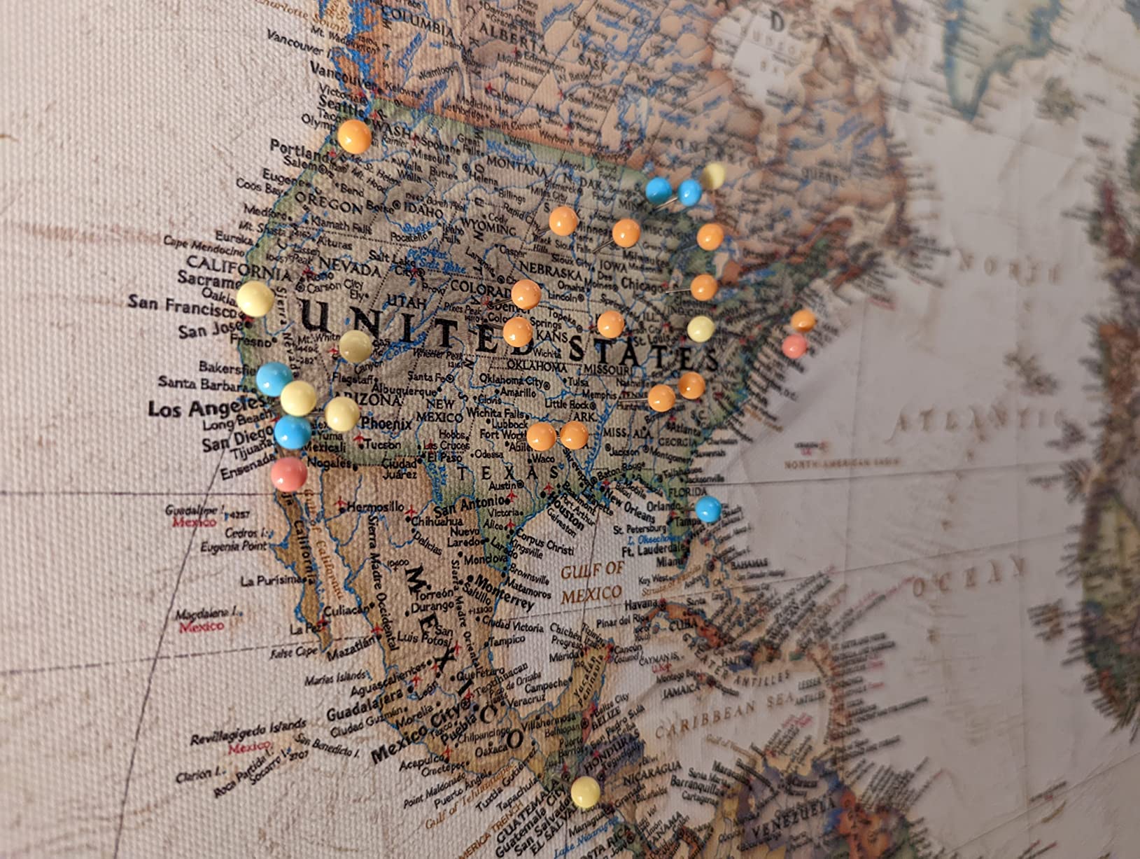 Renditions Gallery Colorful World Map Canvas Wall Art with Walnut Frame Wall Hanging Travel Map with Push Pins for Home, Office, Classroom customer photo 1