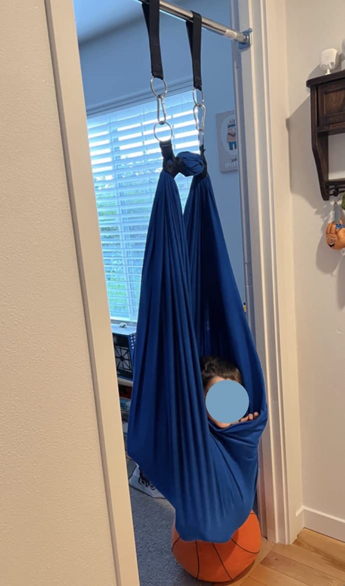 DreamGYM Doorway Sensory Swing - Supports 220lbs, Steel Bar Secured by Brackets - 95% Cotton Compression Swing for Self-Regulation (Blue) customer photo 2