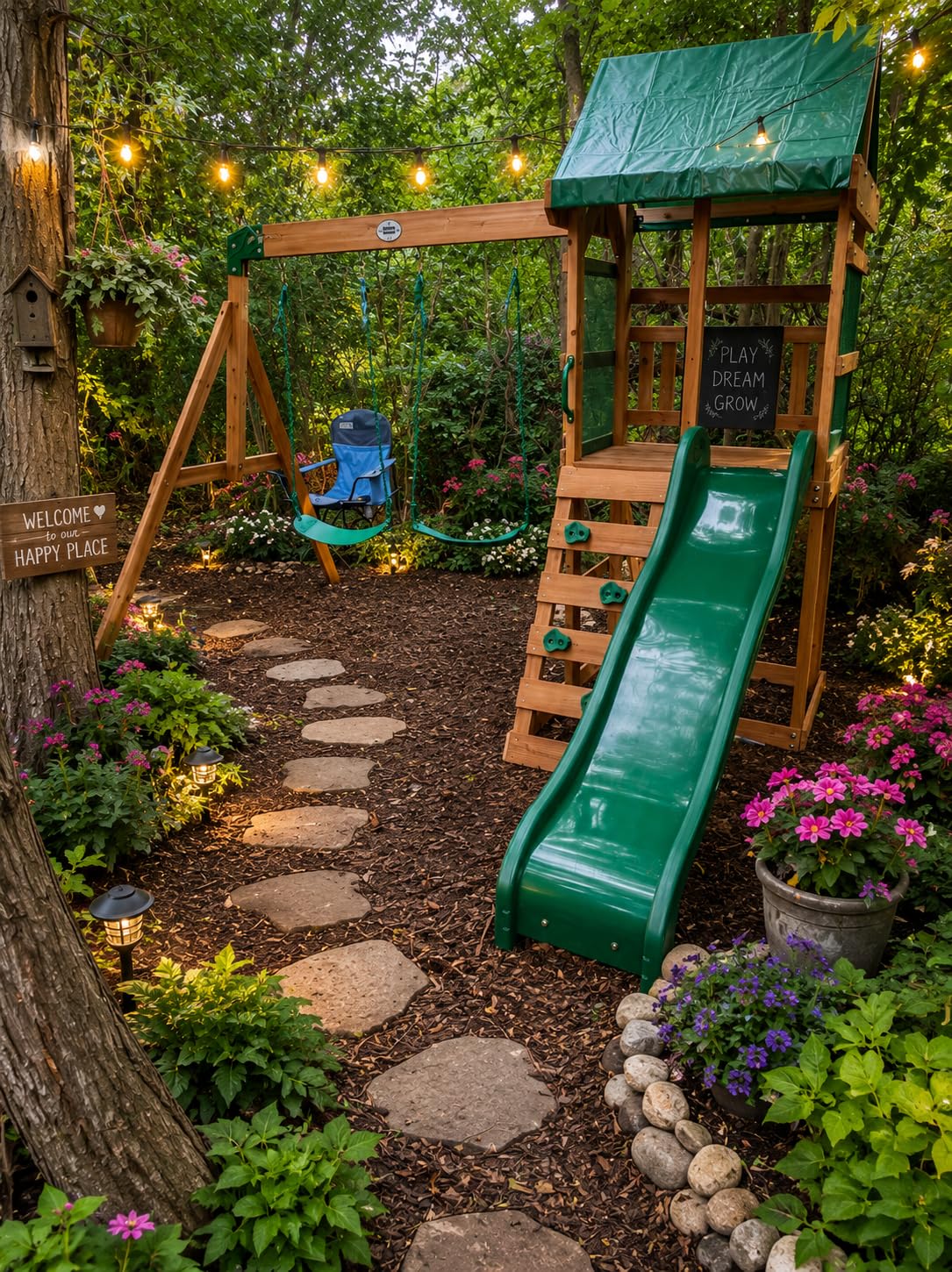 Backyard Discovery Buckley Hill Cedar Wood Swing Set with Wave Slide, Play Deck, Rock Wall Ladder, Belt Swings, Chalkboard, Canopy Roof, Outdoor Playset customer photo 1