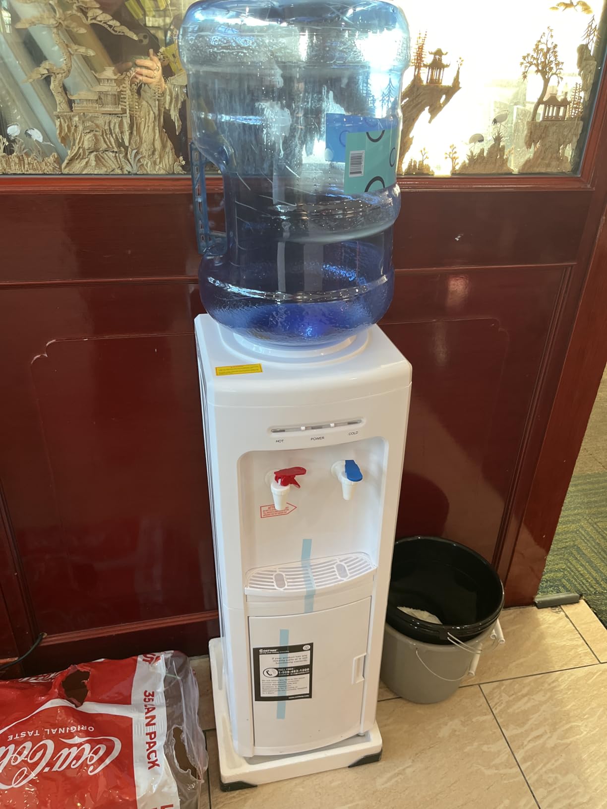 COSTWAY Water Cooler Dispenser for 3-5 Gallon Bottle, Top Loading Hot and Cold Water Dispenser with Storage Cabinet, Child Lock, Water Cooler with Compression Refrigeration Technology, White customer photo 1