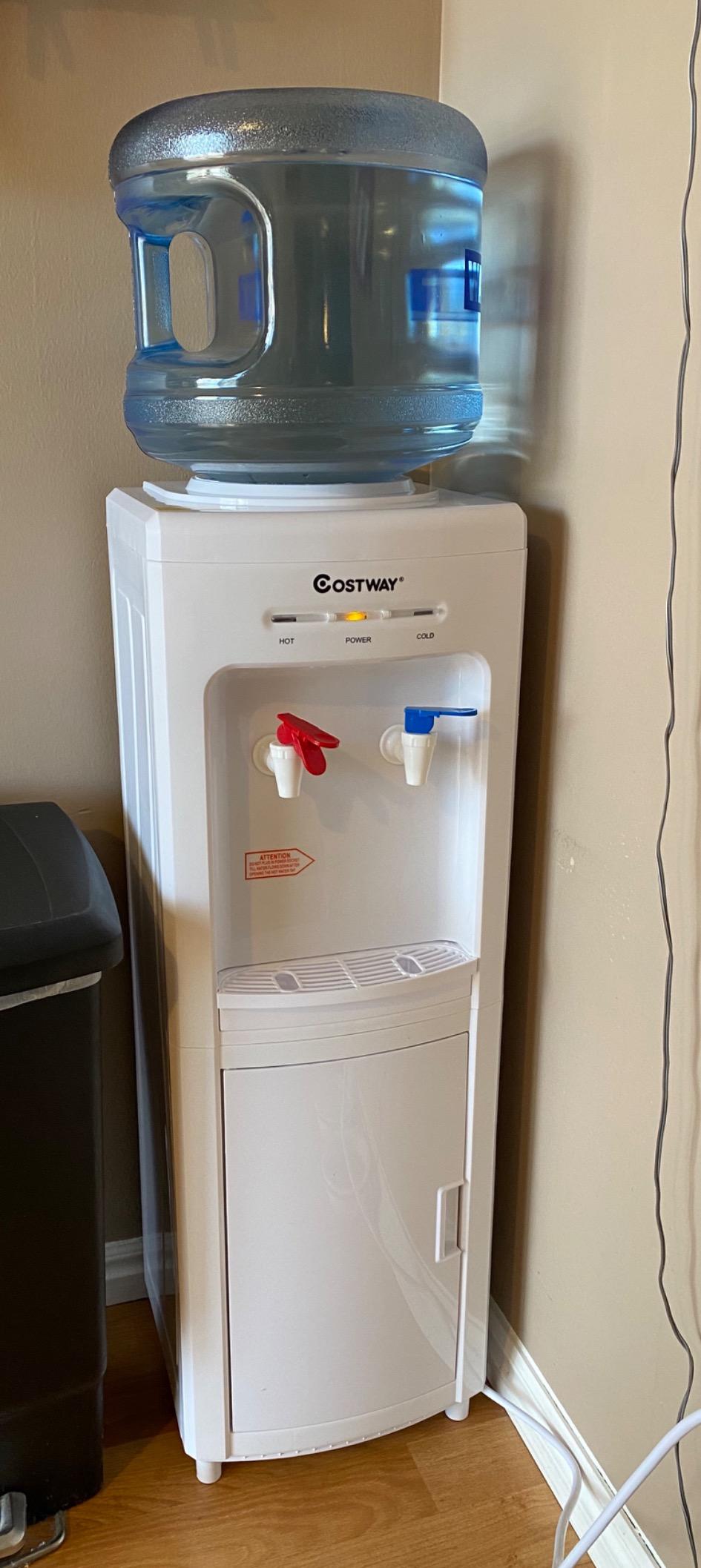 COSTWAY Water Cooler Dispenser for 3-5 Gallon Bottle, Top Loading Hot and Cold Water Dispenser with Storage Cabinet, Child Lock, Water Cooler with Compression Refrigeration Technology, White customer photo 2